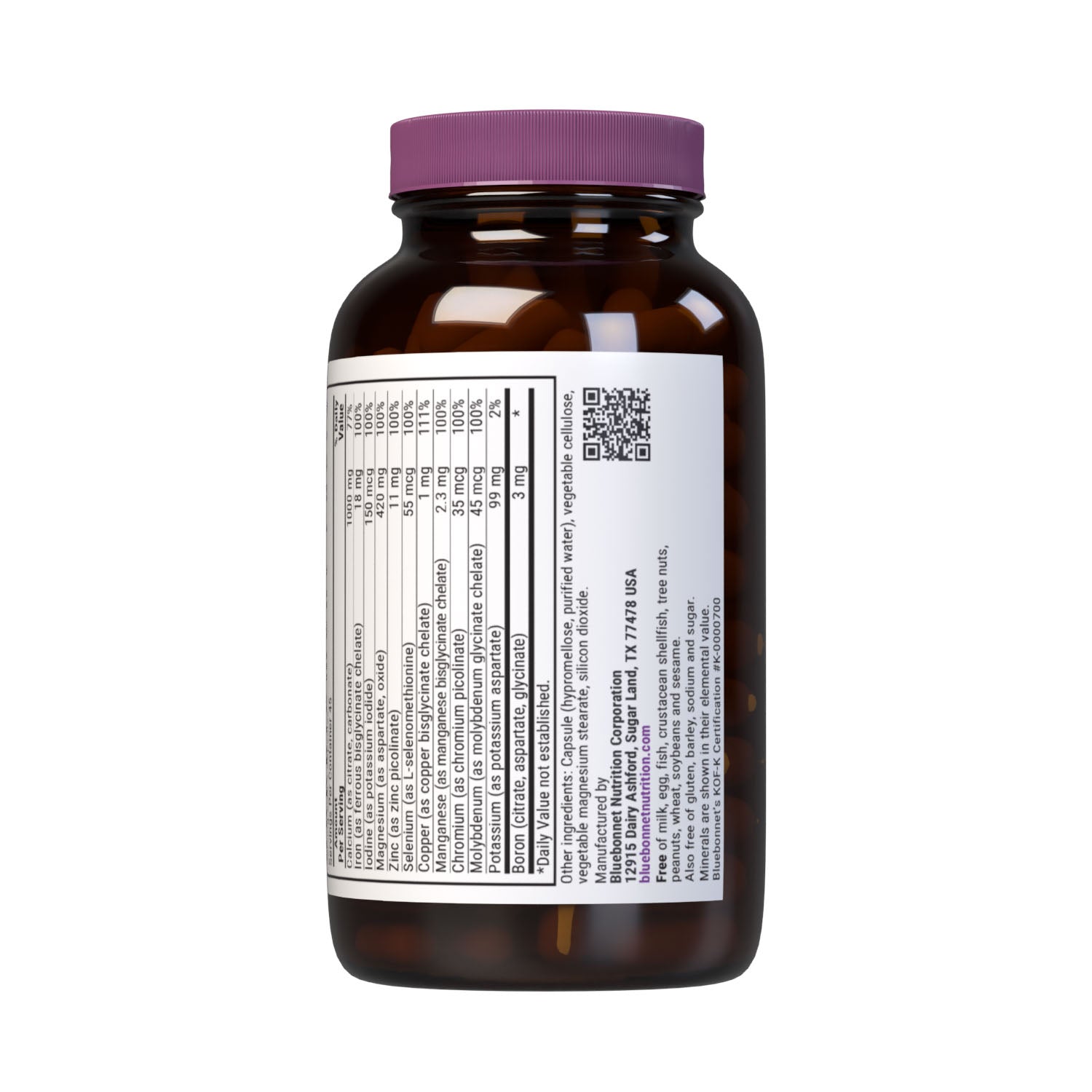 Multiminerals and Boron 180 vegetable capsules (with iron). Full spectrum dietary supplement. Supplement facts panel bottom. #size_180 count