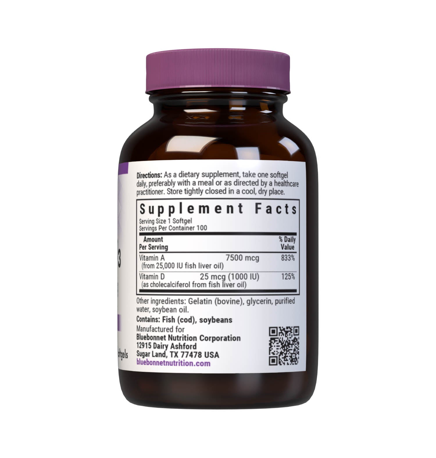 Bluebonnet’s Vitamin A & D3 100 Softgels are formulated with vitamin A and vitamin D3 (cholecalciferol) that supports eye health and immune function from deep sea, cold water, fish liver oil and are molecularly distilled. Supplement facts panel. #size_100 count