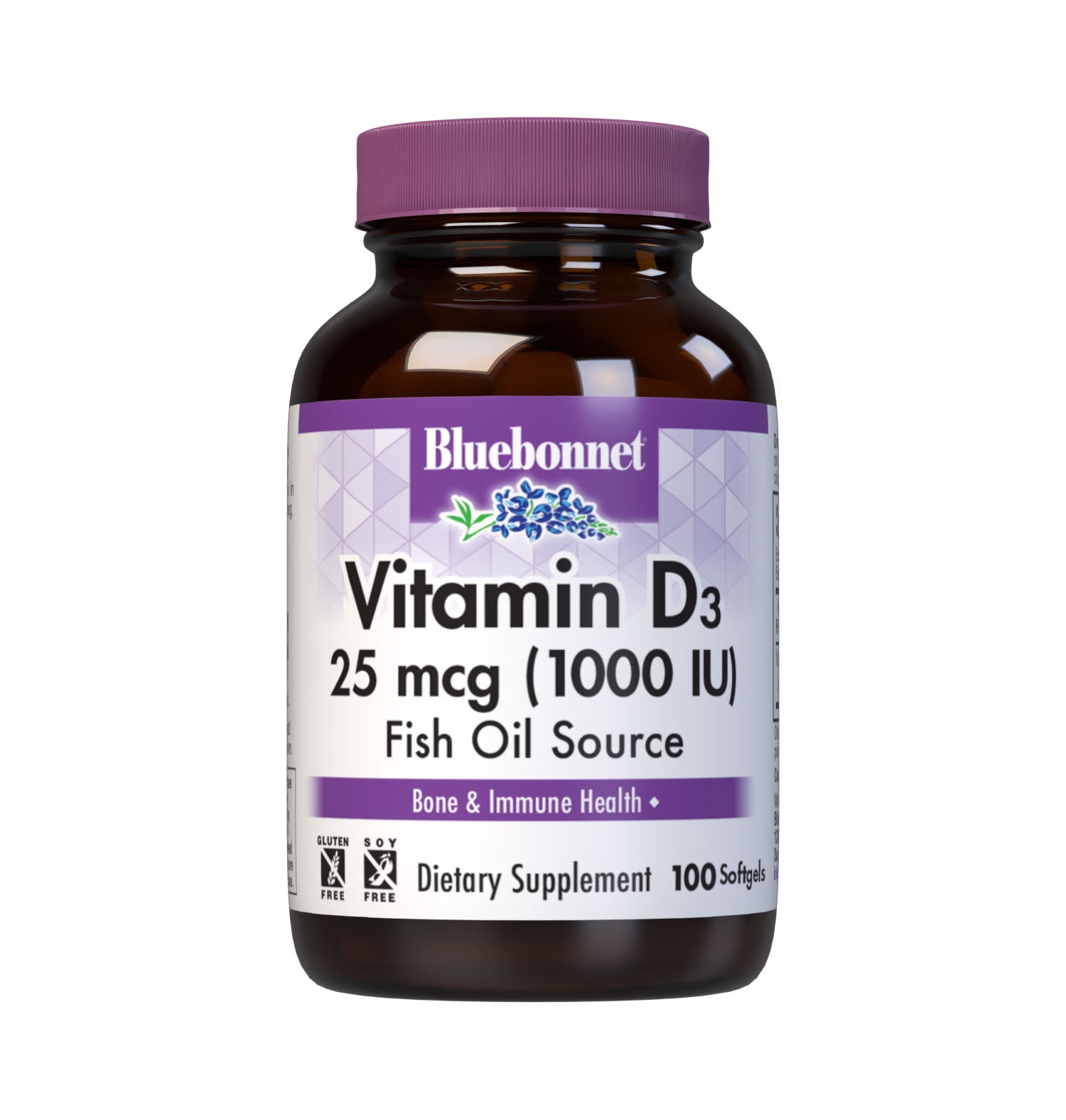 Bluebonnet’s Vitamin D3 1000 IU (25 mcg) 100 Softgels are formulated with vitamin D3 (cholecalciferol) that supports strong healthy bones and immune function from molecularly distilled, deep sea, cold water, fish liver oil in a base of non-GMO safflower oil.  #size_100 count