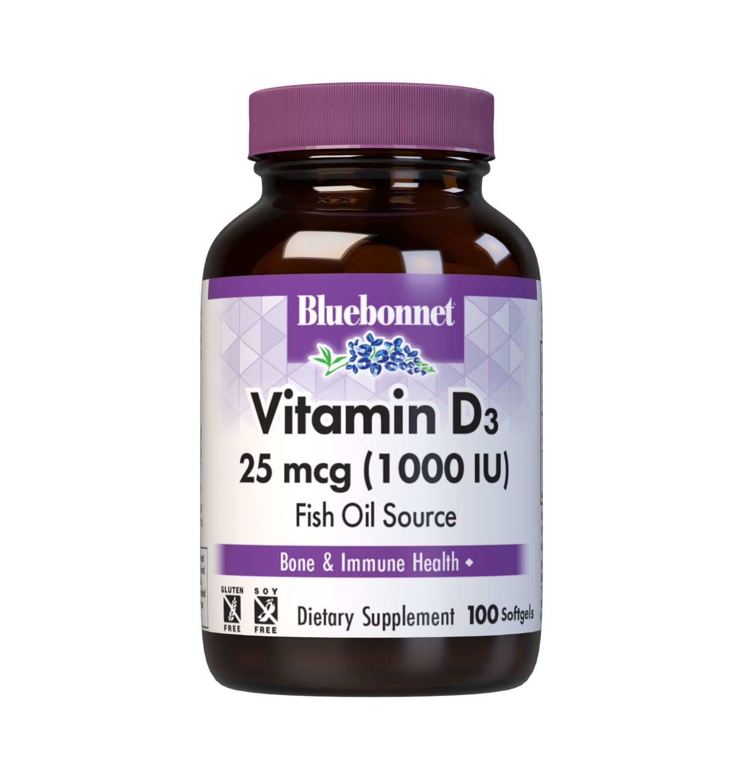 Bluebonnet’s Vitamin D3 1000 IU (25 mcg) 100 Softgels are formulated with vitamin D3 (cholecalciferol) that supports strong healthy bones and immune function from molecularly distilled, deep sea, cold water, fish liver oil in a base of non-GMO safflower oil.  #size_100 count