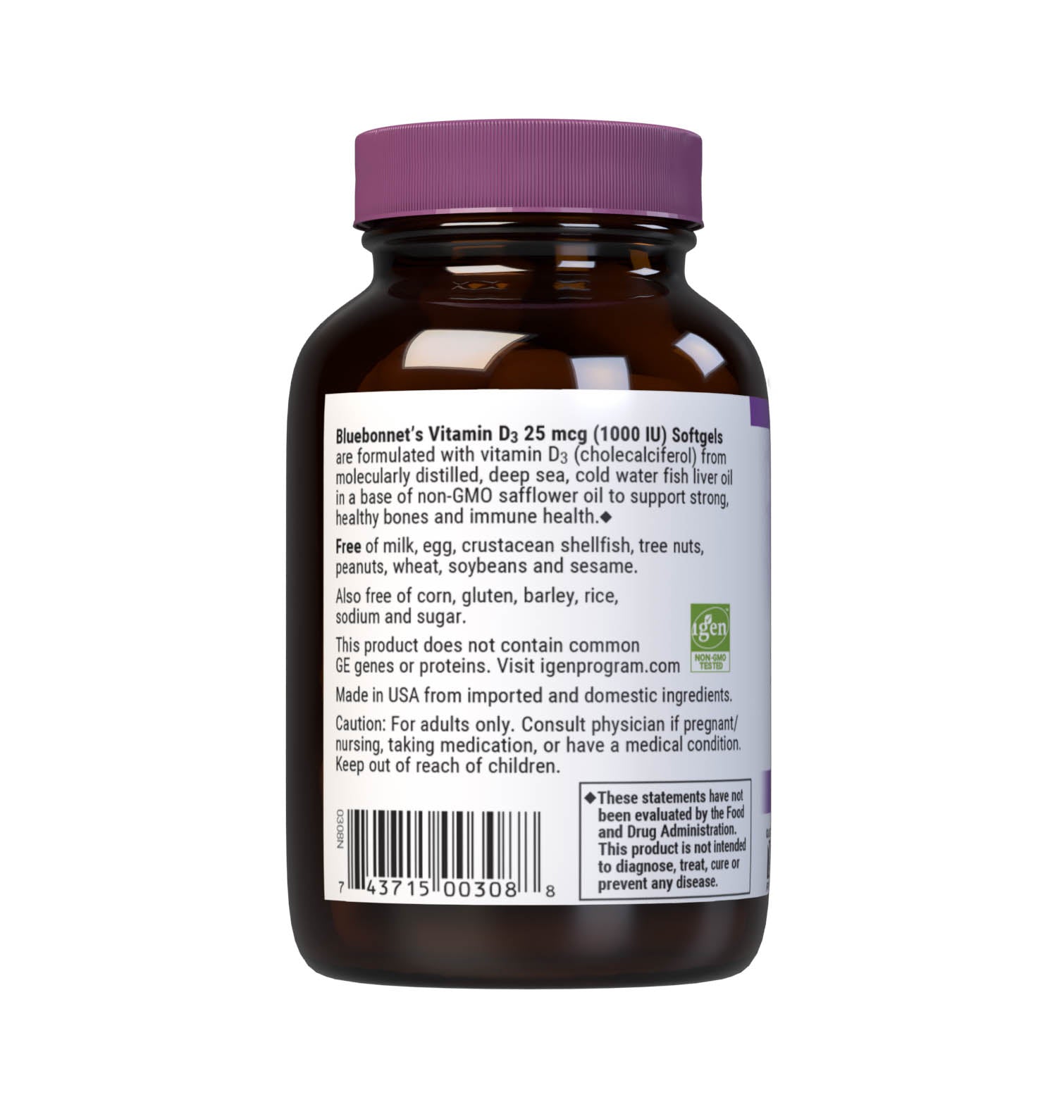 Bluebonnet’s Vitamin D3 1000 IU (25 mcg) 100 Softgels are formulated with vitamin D3 (cholecalciferol) that supports strong healthy bones and immune function from molecularly distilled, deep sea, cold water, fish liver oil in a base of non-GMO safflower oil. description panel. #size_100 count