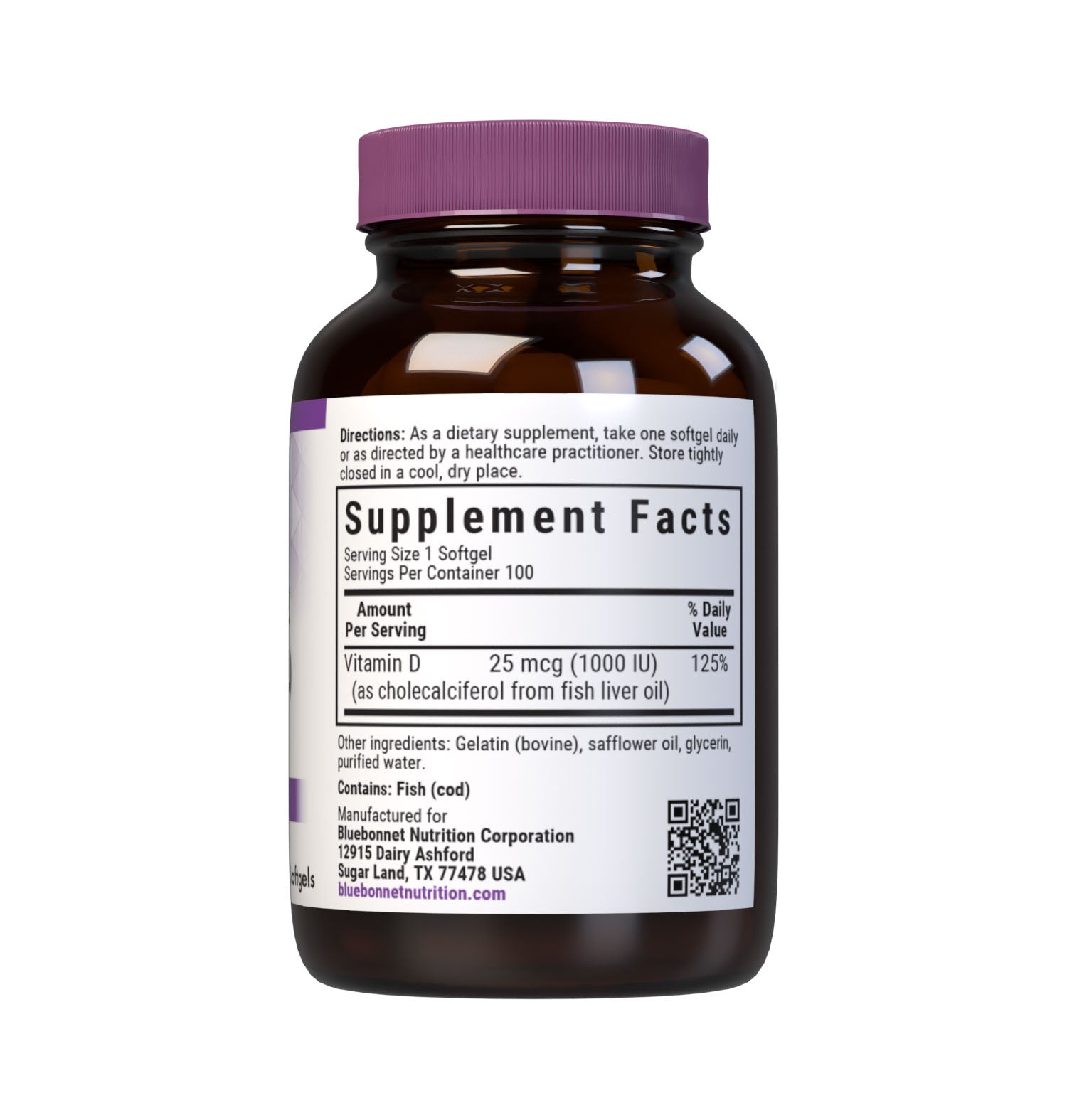 Bluebonnet’s Vitamin D3 1000 IU (25 mcg) 100 Softgels are formulated with vitamin D3 (cholecalciferol) that supports strong healthy bones and immune function from molecularly distilled, deep sea, cold water, fish liver oil in a base of non-GMO safflower oil. supplement facts panel. #size_100 count