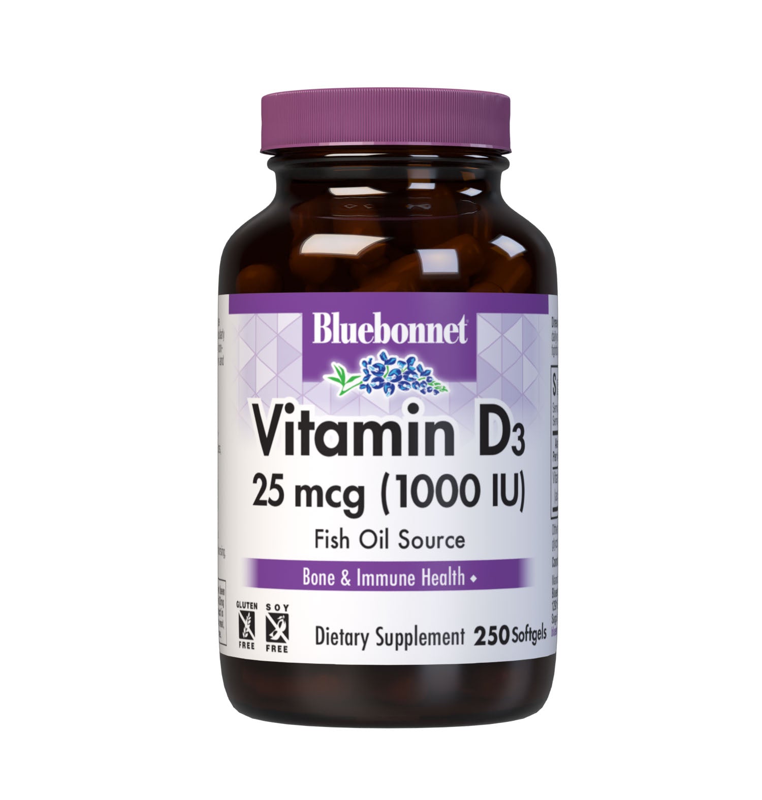 Bluebonnet’s Vitamin D3 1000 IU (25 mcg) 250 Softgels are formulated with vitamin D3 (cholecalciferol) that supports strong healthy bones and immune function from molecularly distilled, deep sea, cold water, fish liver oil in a base of non-GMO safflower oil.  #size_250 count