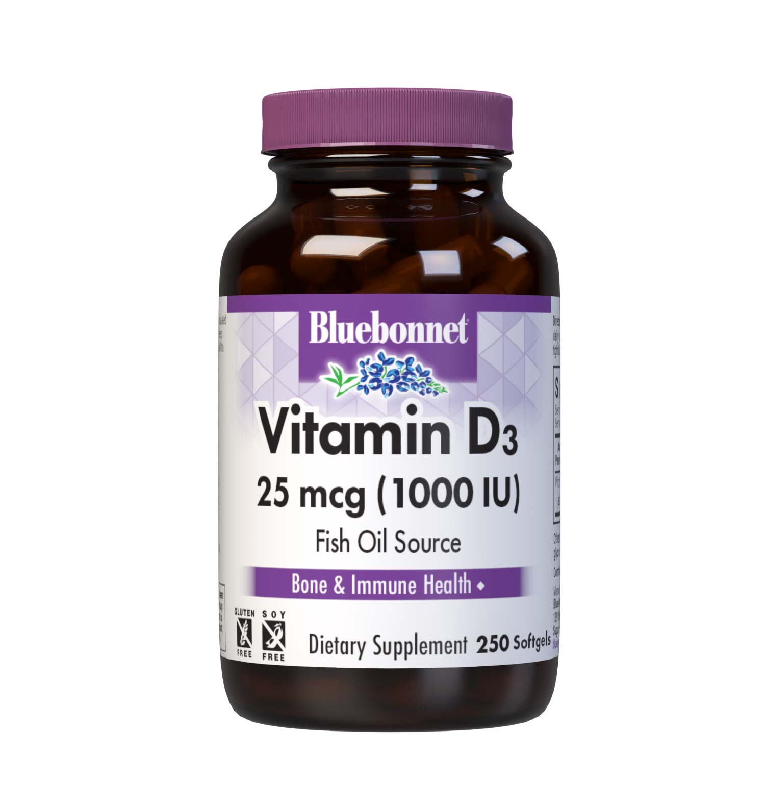 Bluebonnet’s Vitamin D3 1000 IU (25 mcg) 250 Softgels are formulated with vitamin D3 (cholecalciferol) that supports strong healthy bones and immune function from molecularly distilled, deep sea, cold water, fish liver oil in a base of non-GMO safflower oil. #size_250 count