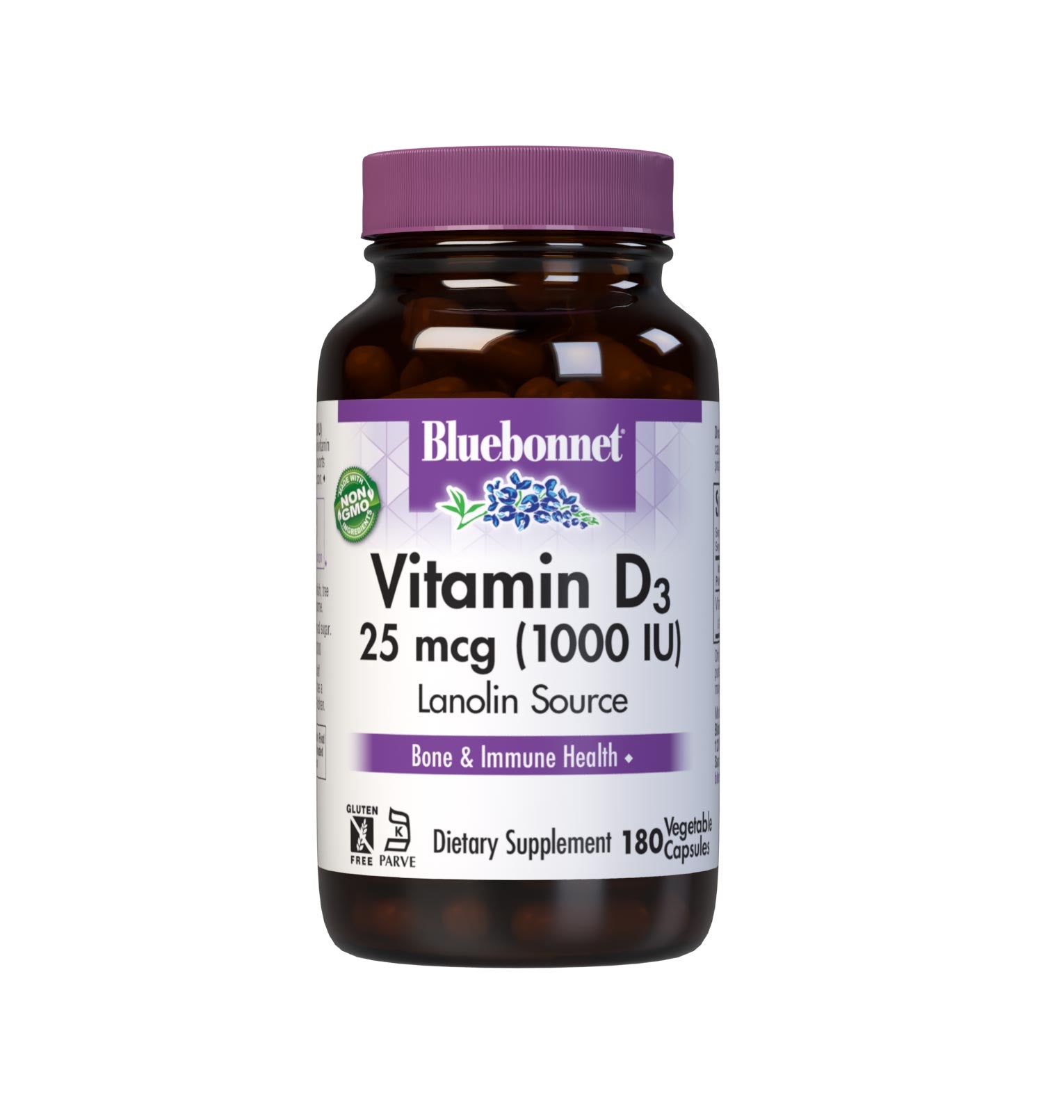 Bluebonnet’s Vitamin D3 1000 IU (25 mcg) Vegetable Capsules are formulated with vitamin D3 (cholecalciferol) from lanolin that supports strong healthy bones and immune function. #size_180 count