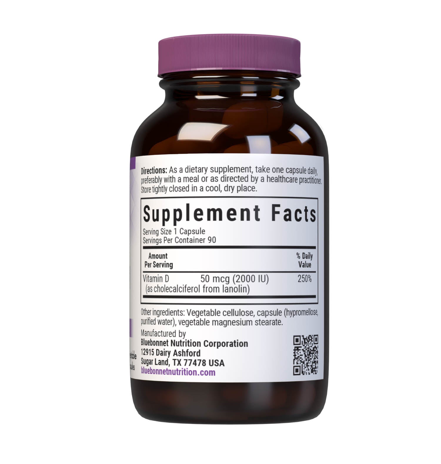 Bluebonnet’s Vitamin D3 2000 IU (50 mcg) Vegetable Capsules are formulated with vitamin D3 (cholecalciferol) from lanolin that supports strong healthy bones and immune function. Supplement facts panel. #size_90 count