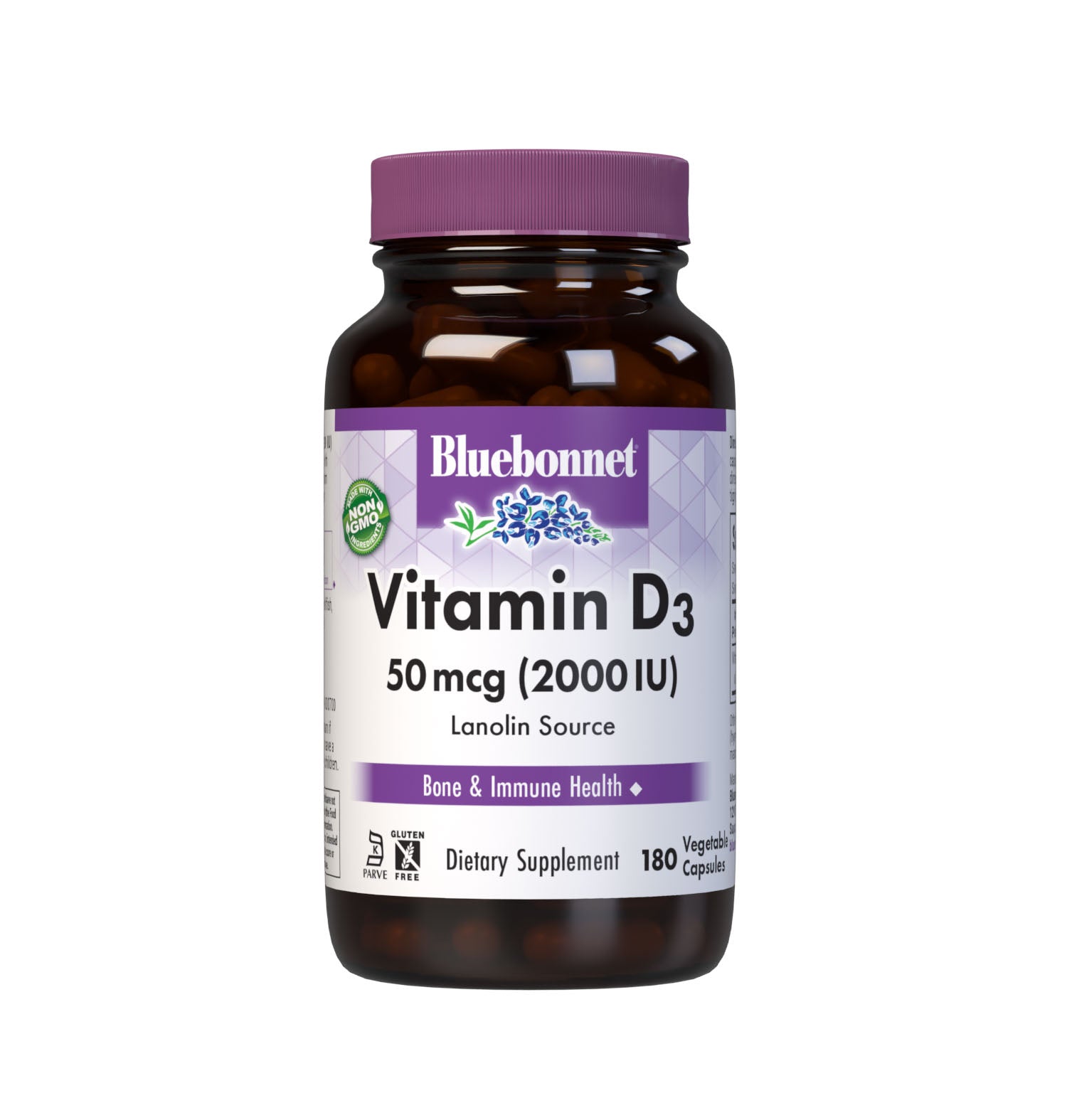 Bluebonnet’s Vitamin D3 2000 IU (50 mcg) Vegetable Capsules are formulated with vitamin D3 (cholecalciferol) from lanolin that supports strong healthy bones and immune function.  #size_180 count