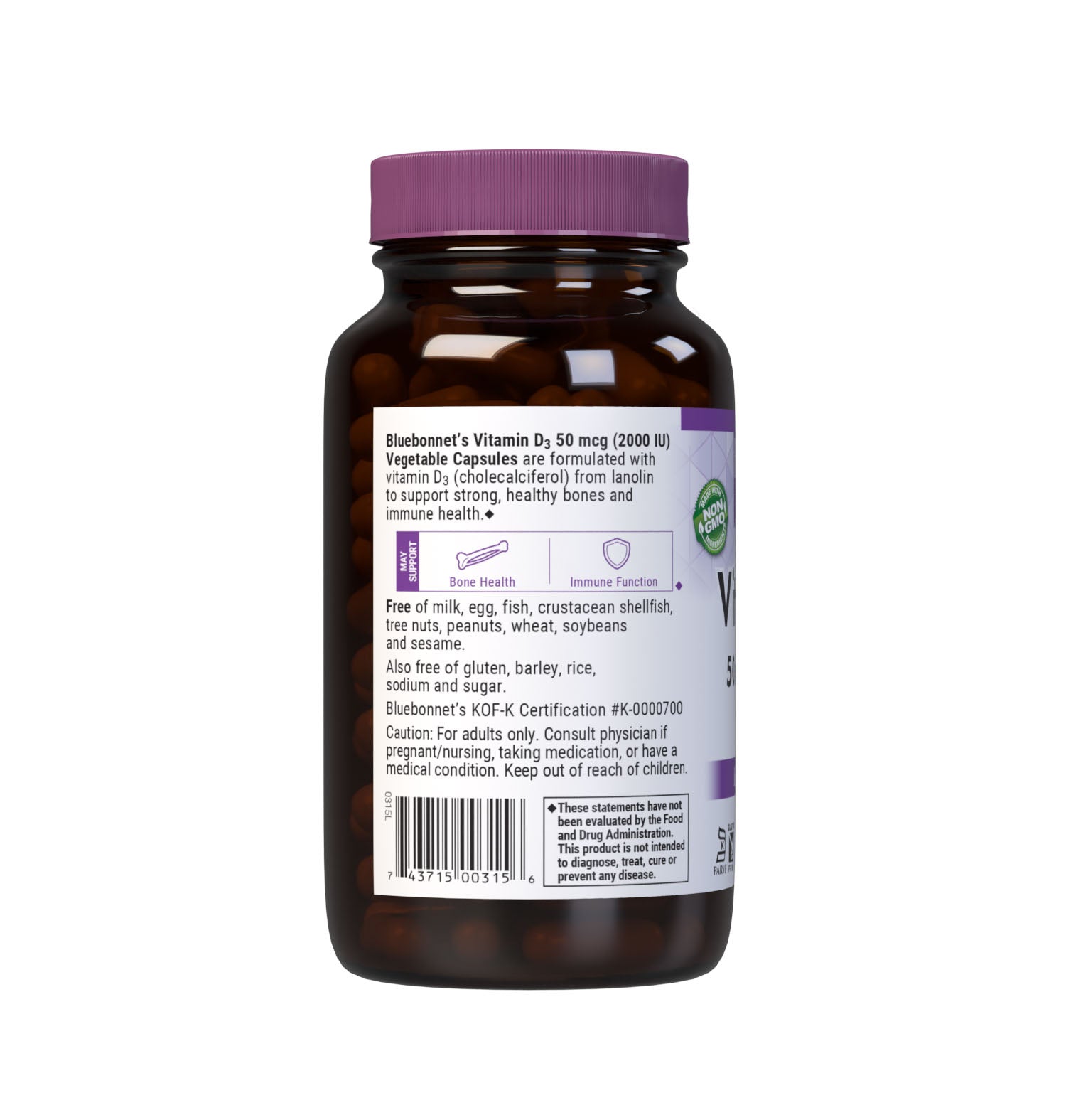 Bluebonnet’s Vitamin D3 2000 IU (50 mcg) Vegetable Capsules are formulated with vitamin D3 (cholecalciferol) from lanolin that supports strong healthy bones and immune function. Description panel. #size_180 count