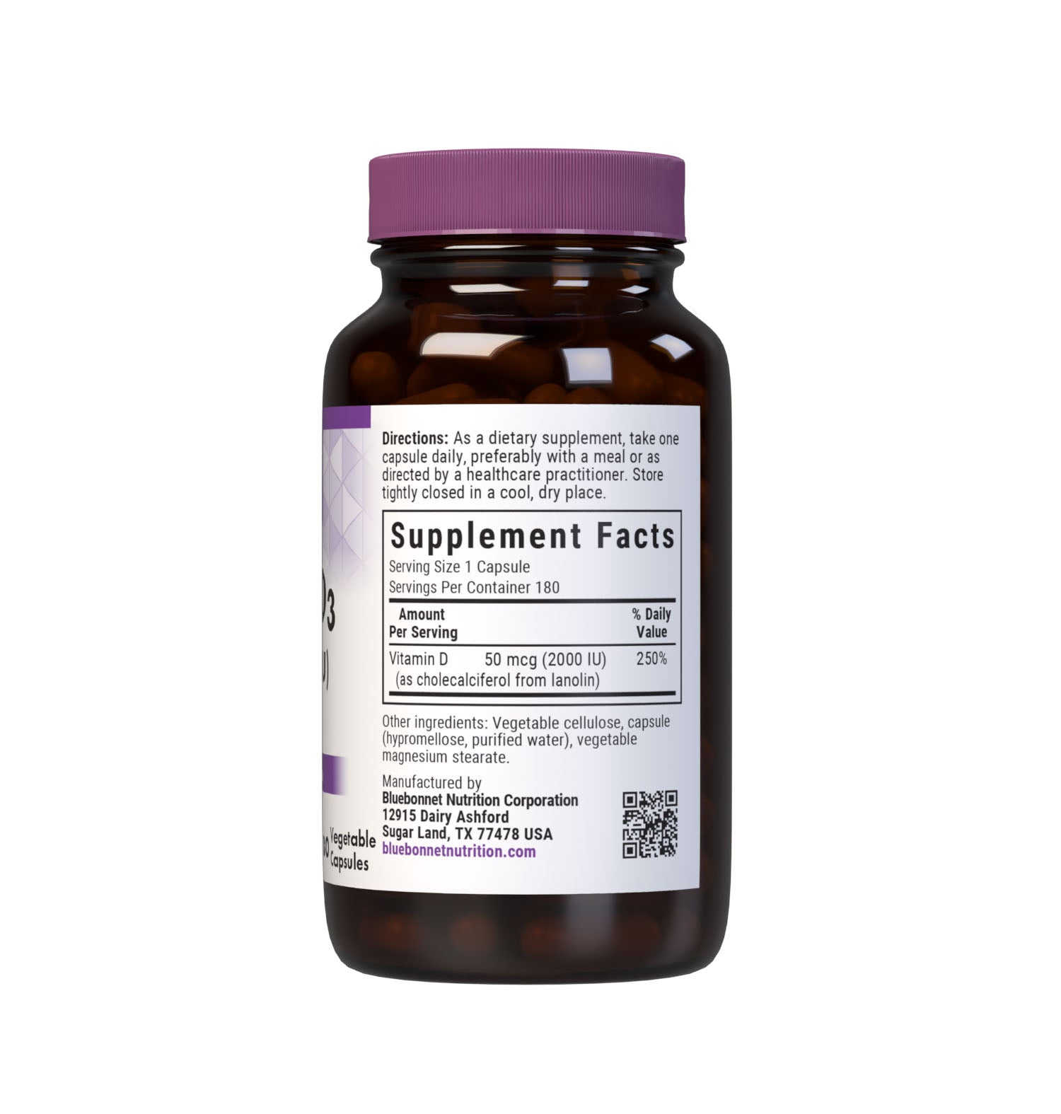 Bluebonnet’s Vitamin D3 2000 IU (50 mcg) Vegetable Capsules are formulated with vitamin D3 (cholecalciferol) from lanolin that supports strong healthy bones and immune function. Supplement facts panel. #size_180 count