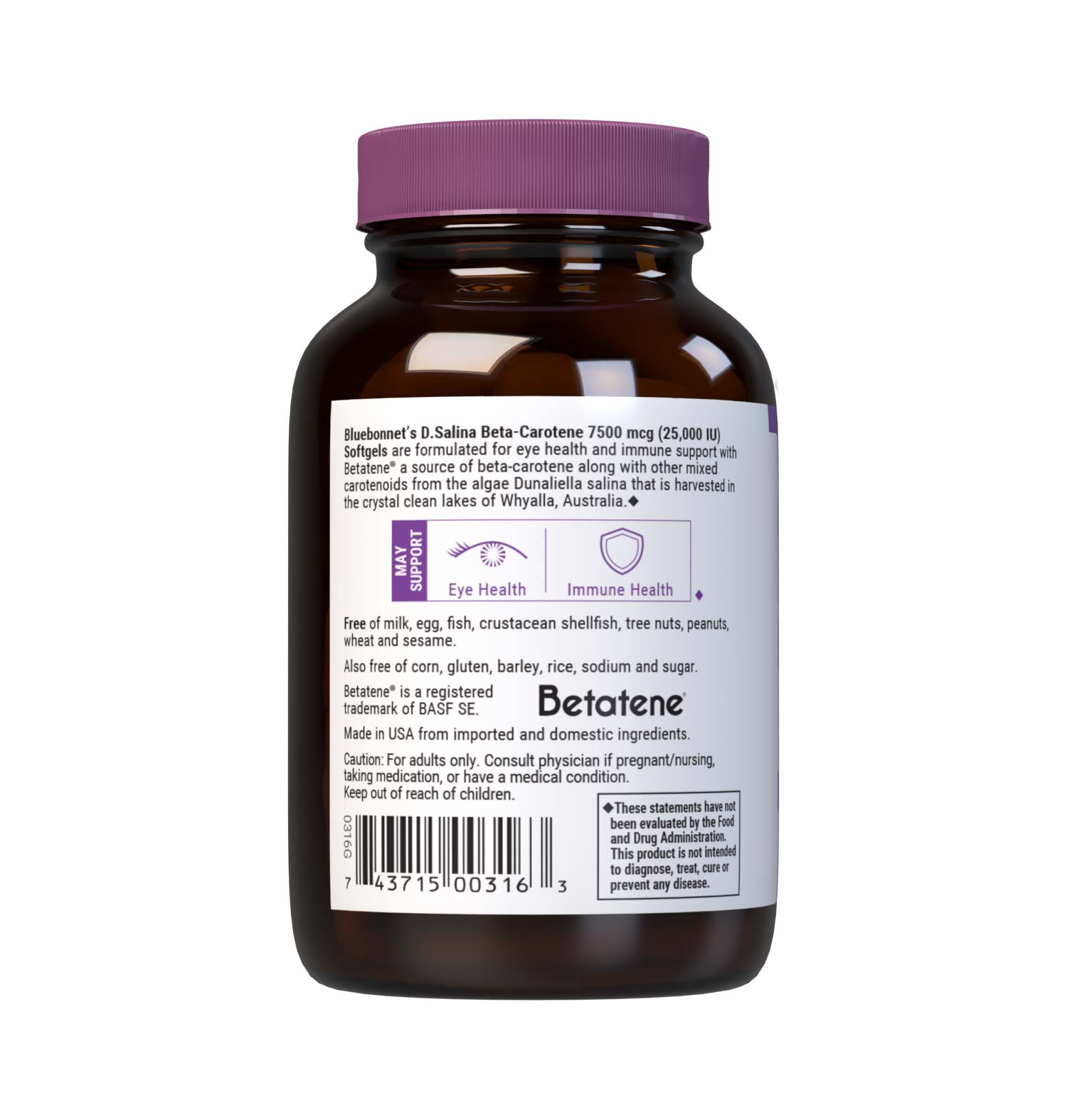 Bluebonnet’s D. Salina Beta-Carotene 25,000 IU (3750 mcg) Softgels are formulated for eye health and immune support with Betatene, a source of beta-carotene along with other mixed carotenoids including alpha-carotene, zeaxanthin, lutein and cryptoxanthin from the algae Dunaliella salina harvested in the crystal clean lakes of Whyalla, Australia. Description panel.  #size_90 count