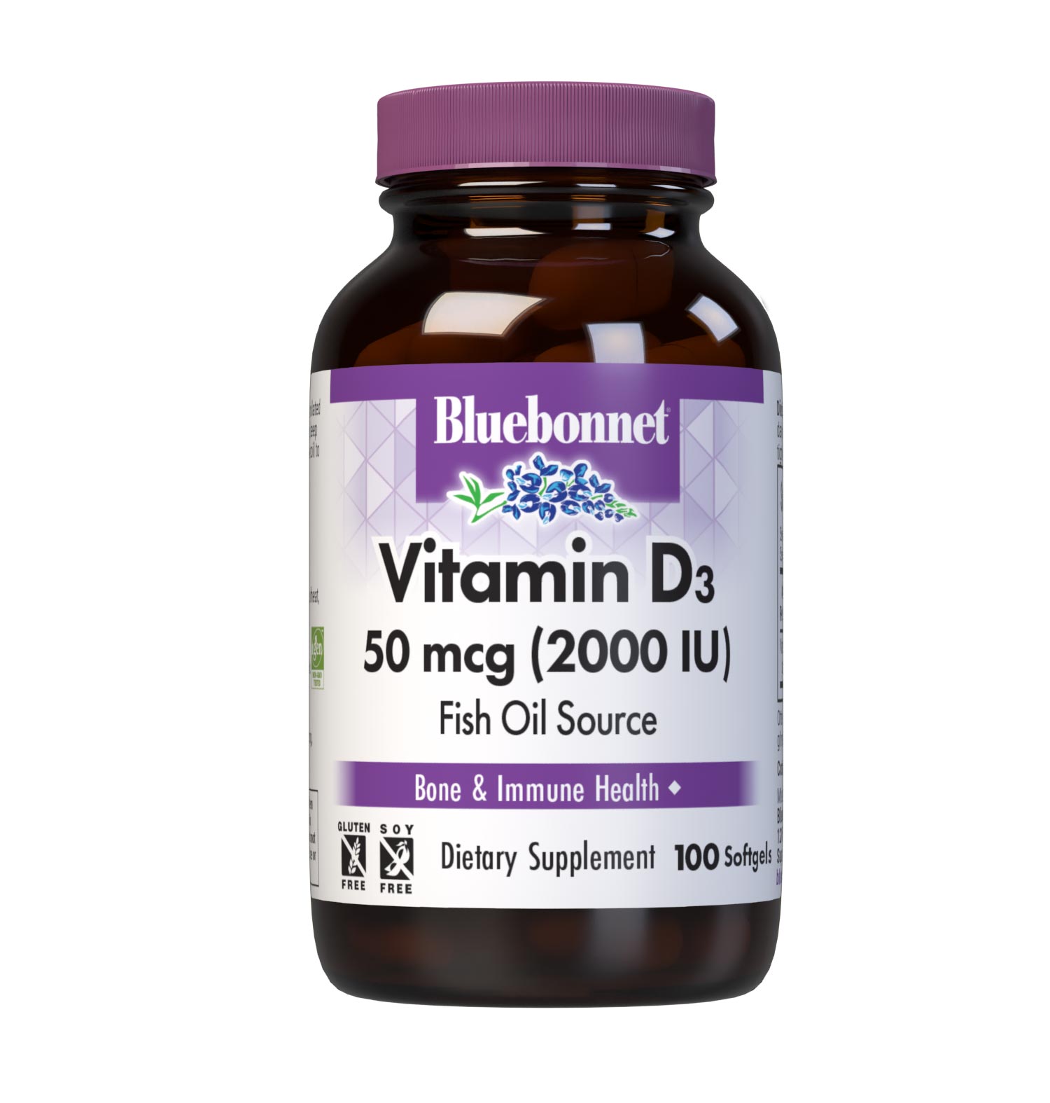 Bluebonnet’s Vitamin D3 50 mcg (2000 IU) Softgels are formulated with vitamin D3 (cholecalciferol) that supports strong healthy bones and immune function from molecularly distilled, deep sea, cold water, fish liver oil in a base of non-GMO safflower oil. #size_100 count