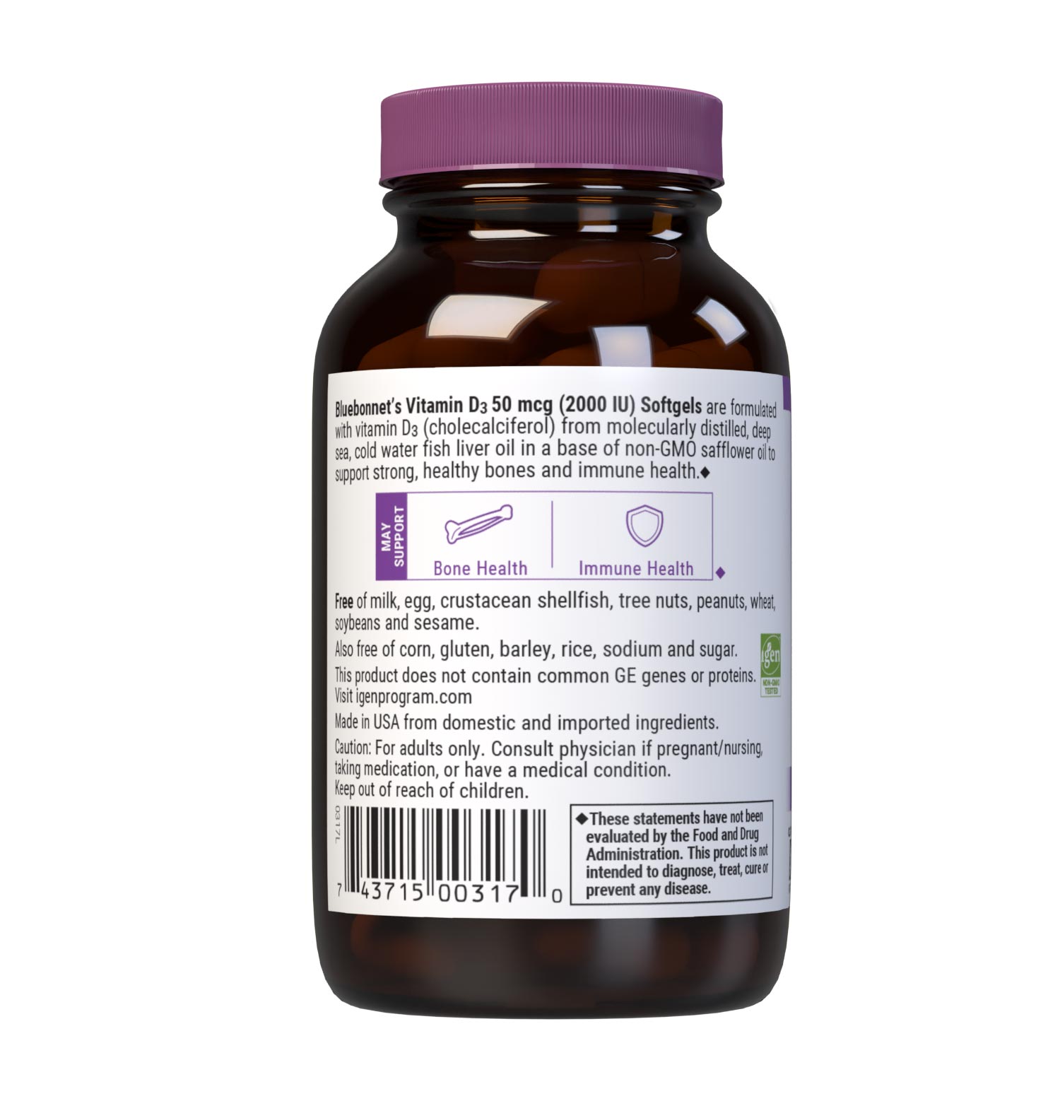 Bluebonnet’s Vitamin D3 50 mcg (2000 IU) Softgels are formulated with vitamin D3 (cholecalciferol) that supports strong healthy bones and immune function from molecularly distilled, deep sea, cold water, fish liver oil in a base of non-GMO safflower oil. Description panel. #size_100 count