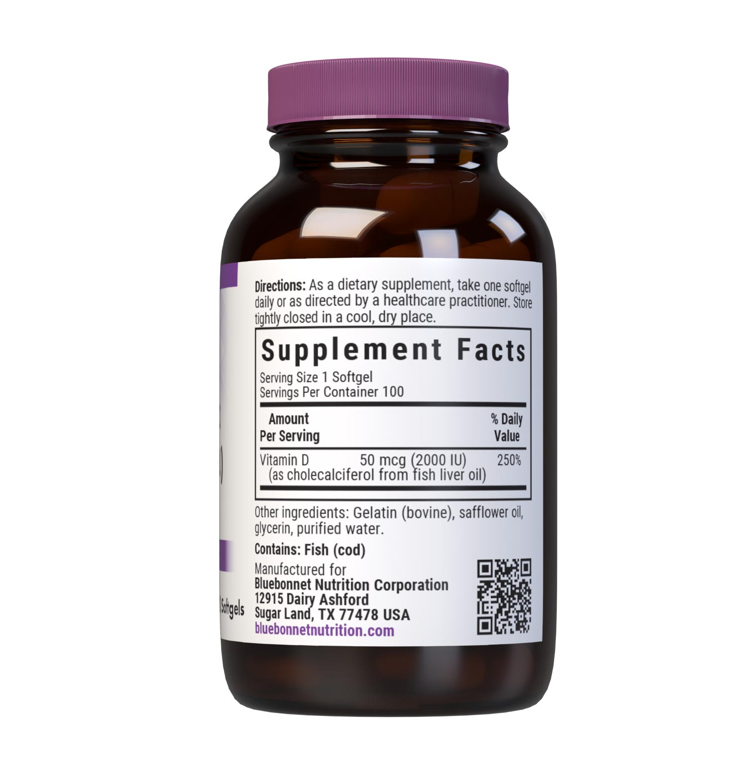 Bluebonnet’s Vitamin D3 50 mcg (2000 IU) Softgels are formulated with vitamin D3 (cholecalciferol) that supports strong healthy bones and immune function from molecularly distilled, deep sea, cold water, fish liver oil in a base of non-GMO safflower oil. Supplement facts panel. #size_100 count