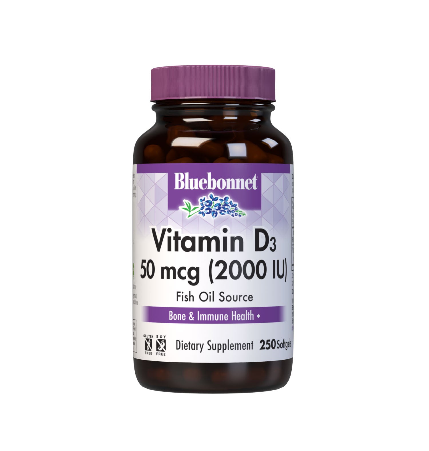 Bluebonnet’s Vitamin D3 50 mcg (2000 IU) Softgels are formulated with vitamin D3 (cholecalciferol) that supports strong healthy bones and immune function from molecularly distilled, deep sea, cold water, fish liver oil in a base of non-GMO safflower oil. #size_250 count