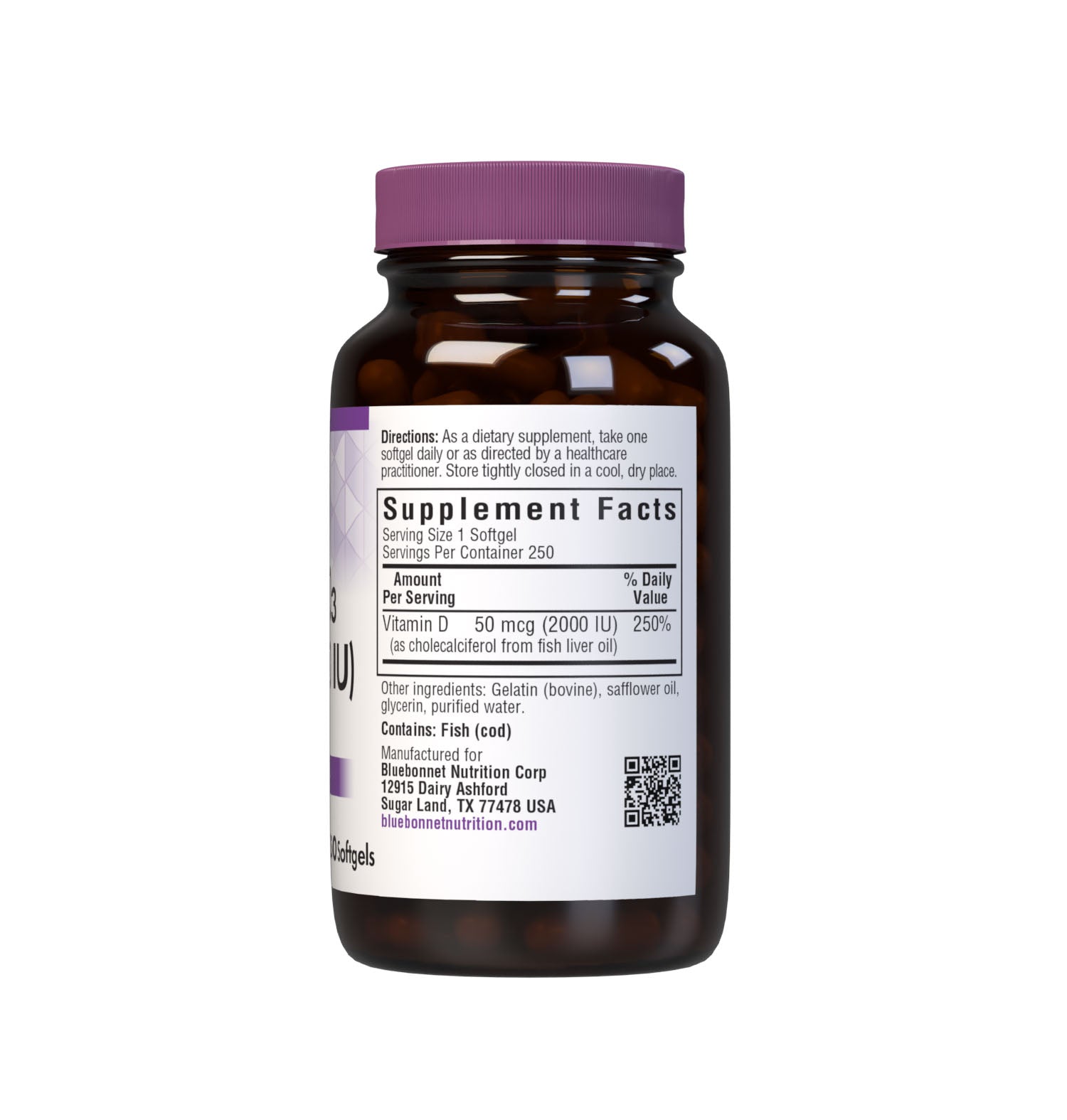 Bluebonnet’s Vitamin D3 50 mcg (2000 IU) Softgels are formulated with vitamin D3 (cholecalciferol) that supports strong healthy bones and immune function from molecularly distilled, deep sea, cold water, fish liver oil in a base of non-GMO safflower oil. Supplement facts panel. #size_250 count