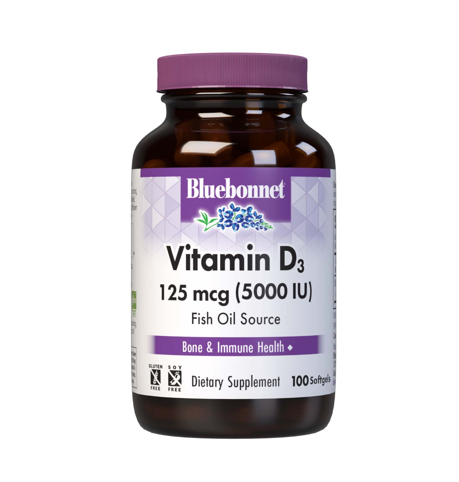 Bluebonnet’s Vitamin D3 125 mcg (5000 IU) Softgels are formulated with vitamin D3 (cholecalciferol) that supports strong healthy bones and immune function from molecularly distilled, deep sea, cold water, fish liver oil in a base of non-GMO safflower oil. #size_100 count