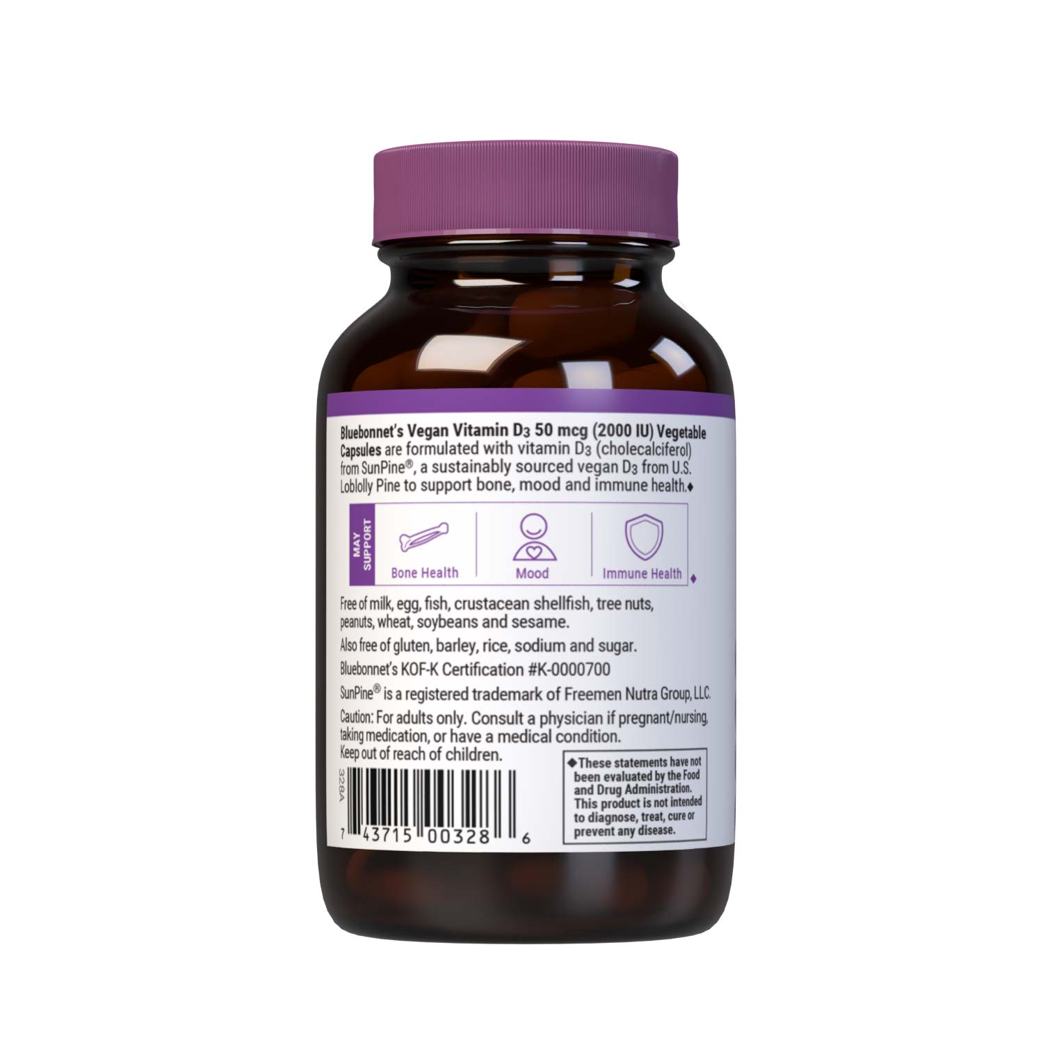 Vegan Vitamin D3 50 mcg (2000 iu) from SunPine from US Loblolly Pine Trees, 60 vegetable capsules.Description panel. #size_60 count