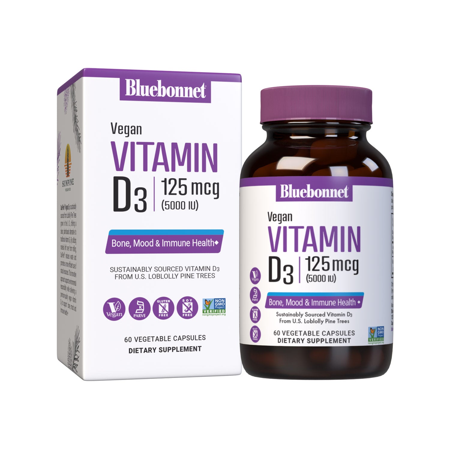 Vegan Vitamin D3 125 mcg (5000 iu) from SunPine from US Loblolly Pine Trees, 60 vegetable capsules. bottle with box shot. #size_60 count