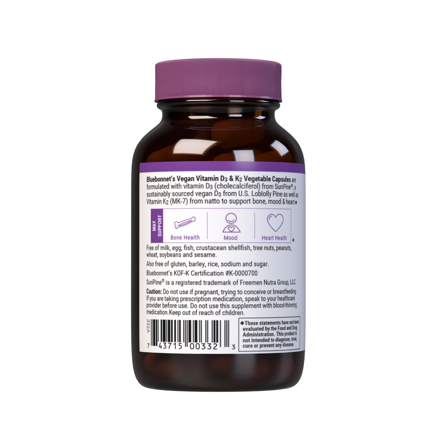 Vegan Vitamin D3 50 mcg (2000 iu) from SunPine from US Loblolly Pine Trees and 100 mcg of K2 (MK-7) from natto, 60 vegetable capsules. description panel. #size_60 count
