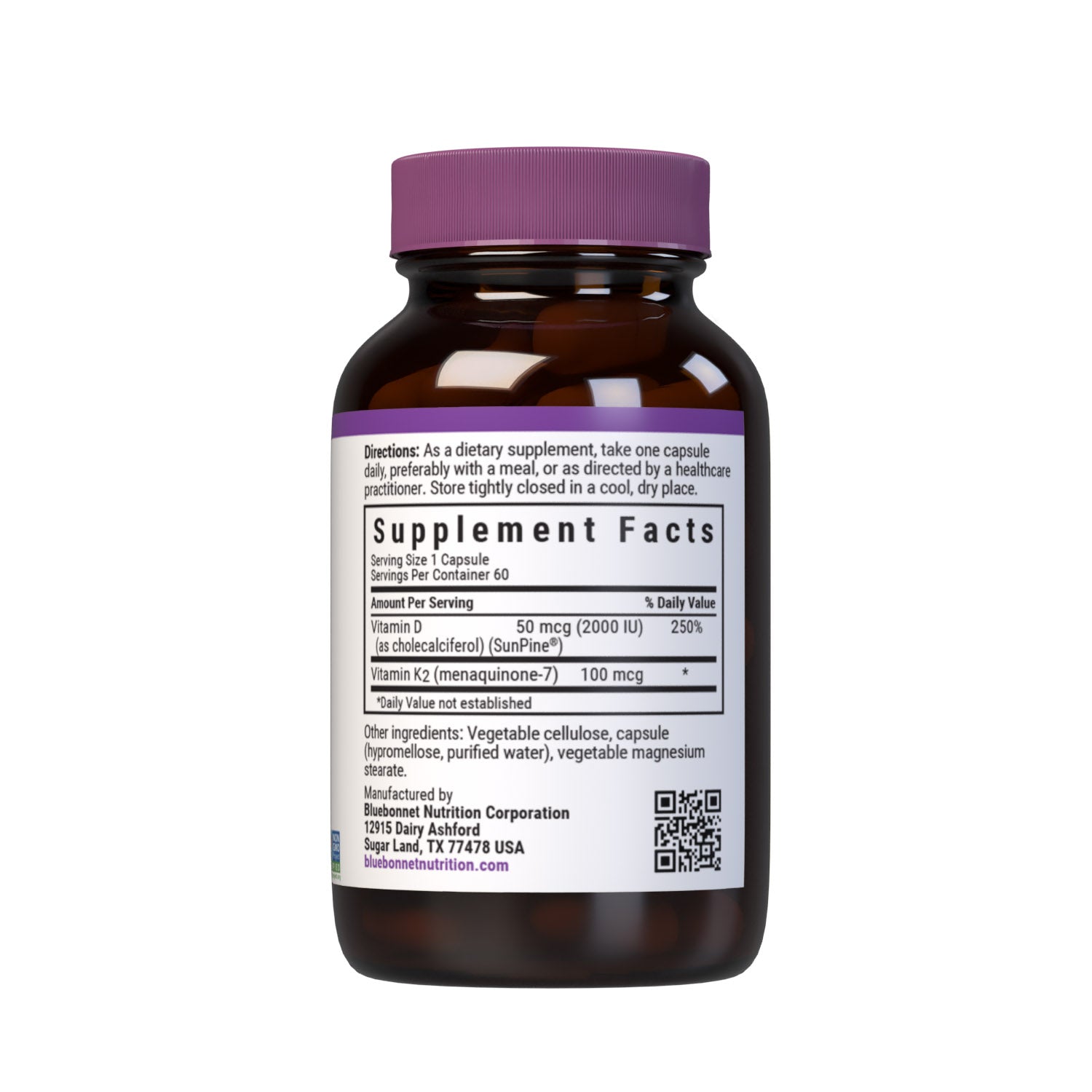 Vegan Vitamin D3 50 mcg (2000 iu) from SunPine from US Loblolly Pine Trees and 100 mcg of K2 (MK-7) from natto, 60 vegetable capsules. supplement facts panel. #size_60 count