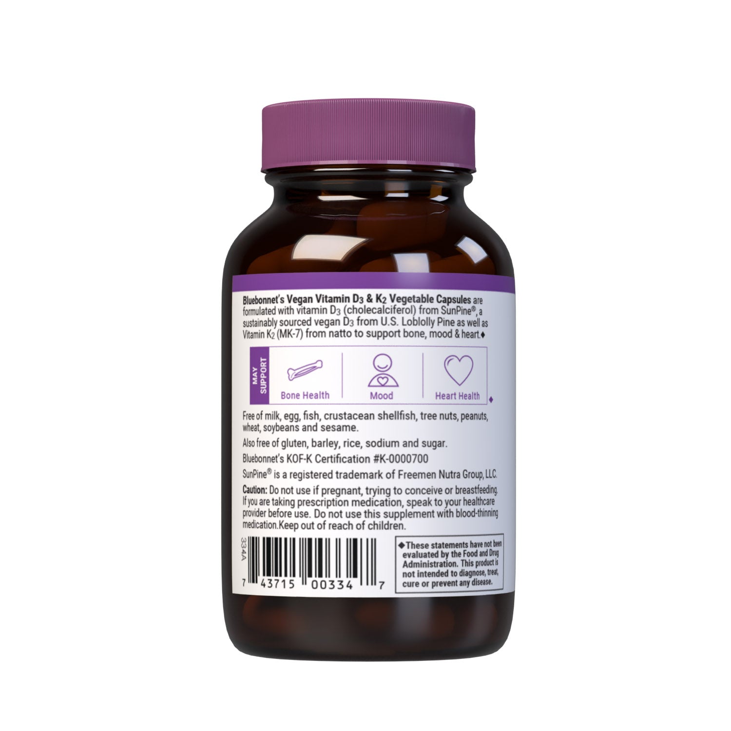 Vegan Vitamin D3 125 mcg (5000 iu) from SunPine from US Loblolly Pine Trees and K2 (MK-7) from natto, 60 vegetable capsules. description panel. #size_60 count
