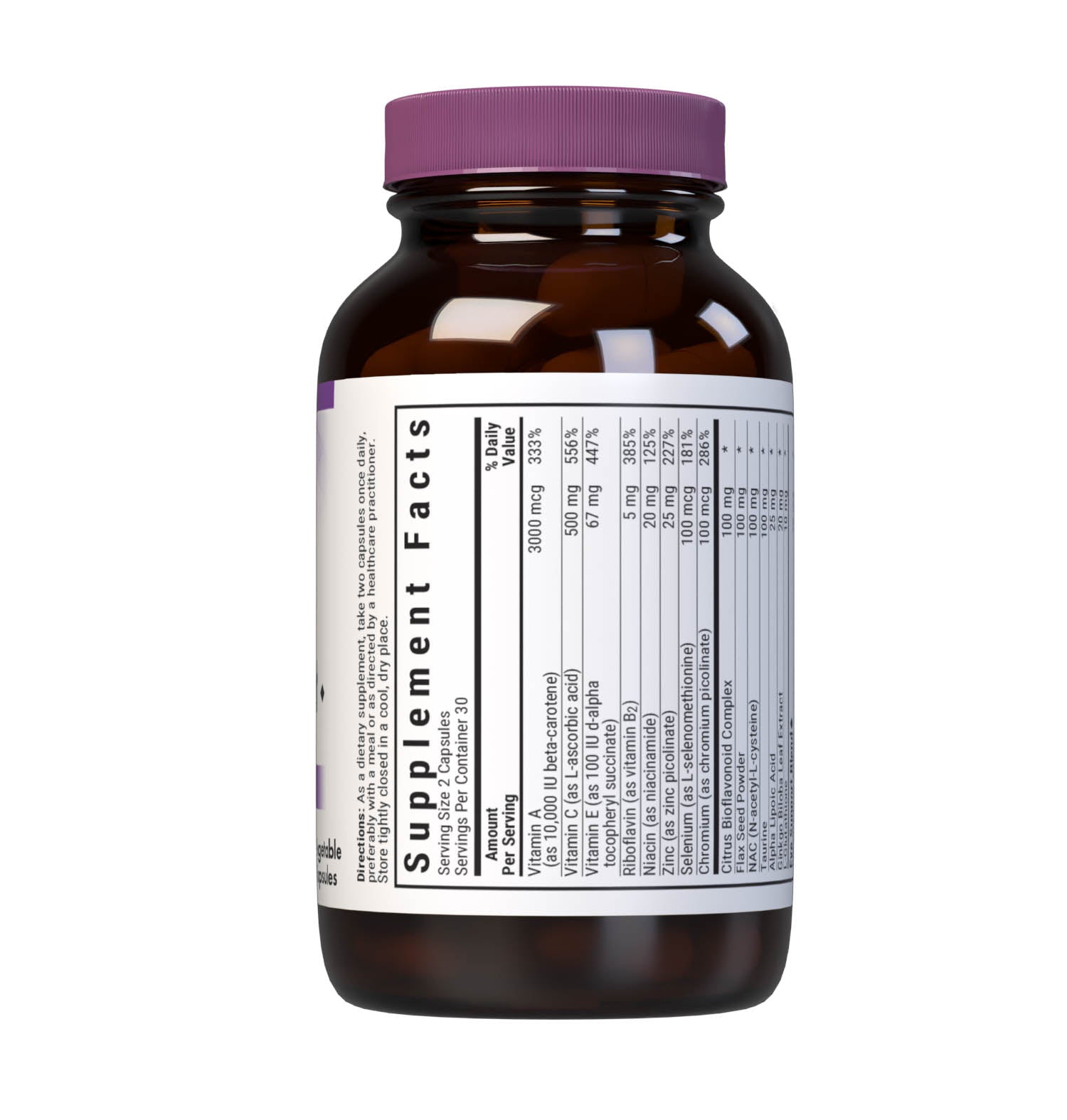 Bluebonnet’s Eye Antioxidant with Zeaxanthin Formula 60 Vegetable Capsules are specially formulated with a high potency combination of all the important amino acid, vitamin, mineral and herbal antioxidants for maintaining eye health. Supplement facts panel, top part. #size_60 count