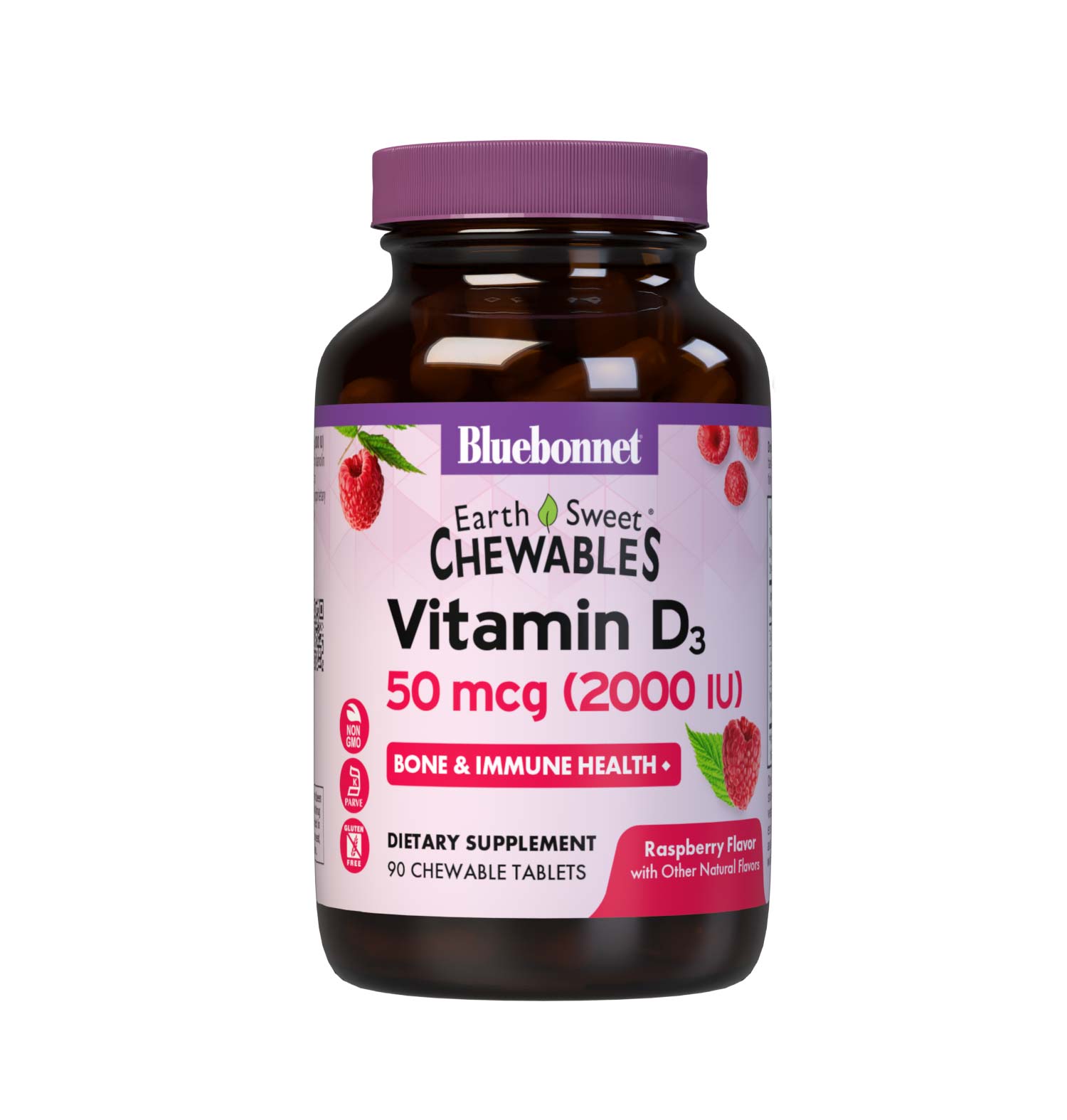 Bluebonnet’s EarthSweet Chewables Vitamin D3 50 mcg (2000 IU) 90 Chewable Tablets are formulated with vitamin D3 (cholecalciferol) from lanolin that supports strong bones and immune function in a delicious raspberry flavor. #size_90 count