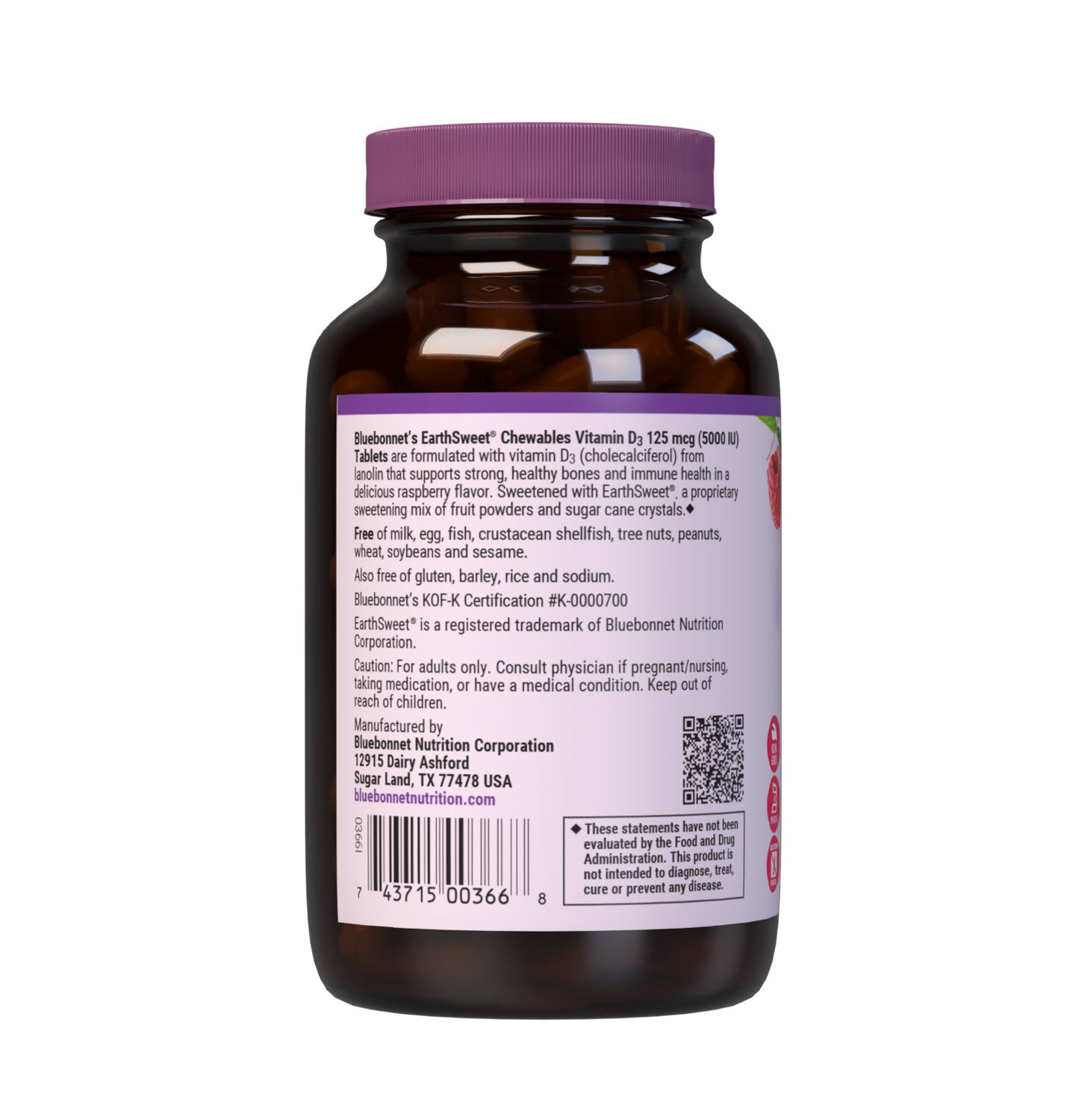 Bluebonnet’s EarthSweet Chewables Vitamin D3 125 mcg (5000 IU) 90 Chewable Tablets are formulated with vitamin D3 (cholecalciferol) from lanolin that supports strong bones and immune function in a delicious raspberry flavor. Description panel. #size_90 count