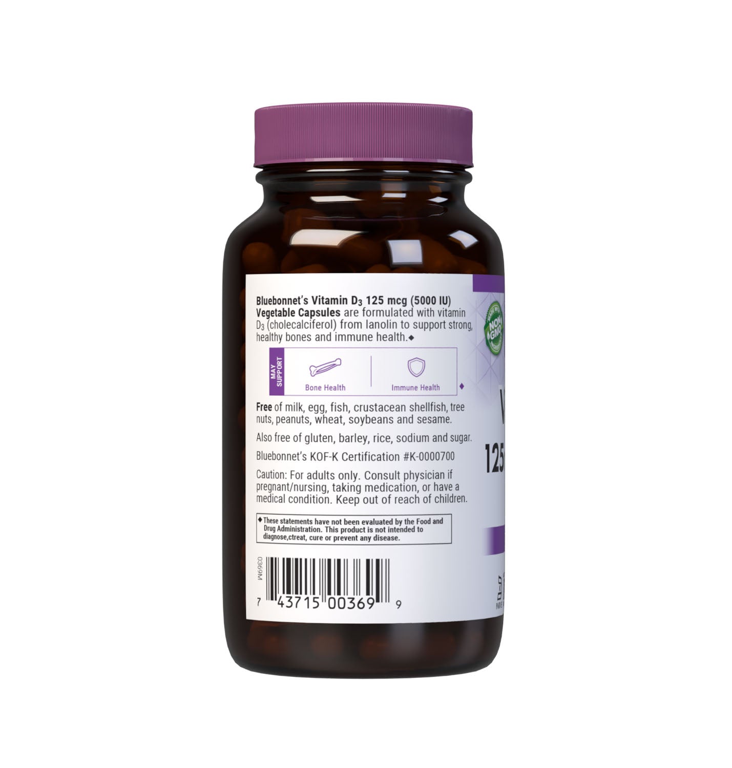 Bluebonnet’s EarthSweet Chewables Vitamin D3 5000 IU (125 mcg) 60 vegetable capsules are formulated with vitamin D3 (cholecalciferol) from lanolin that supports strong bones and immune function. Description panel. #size_120 count
