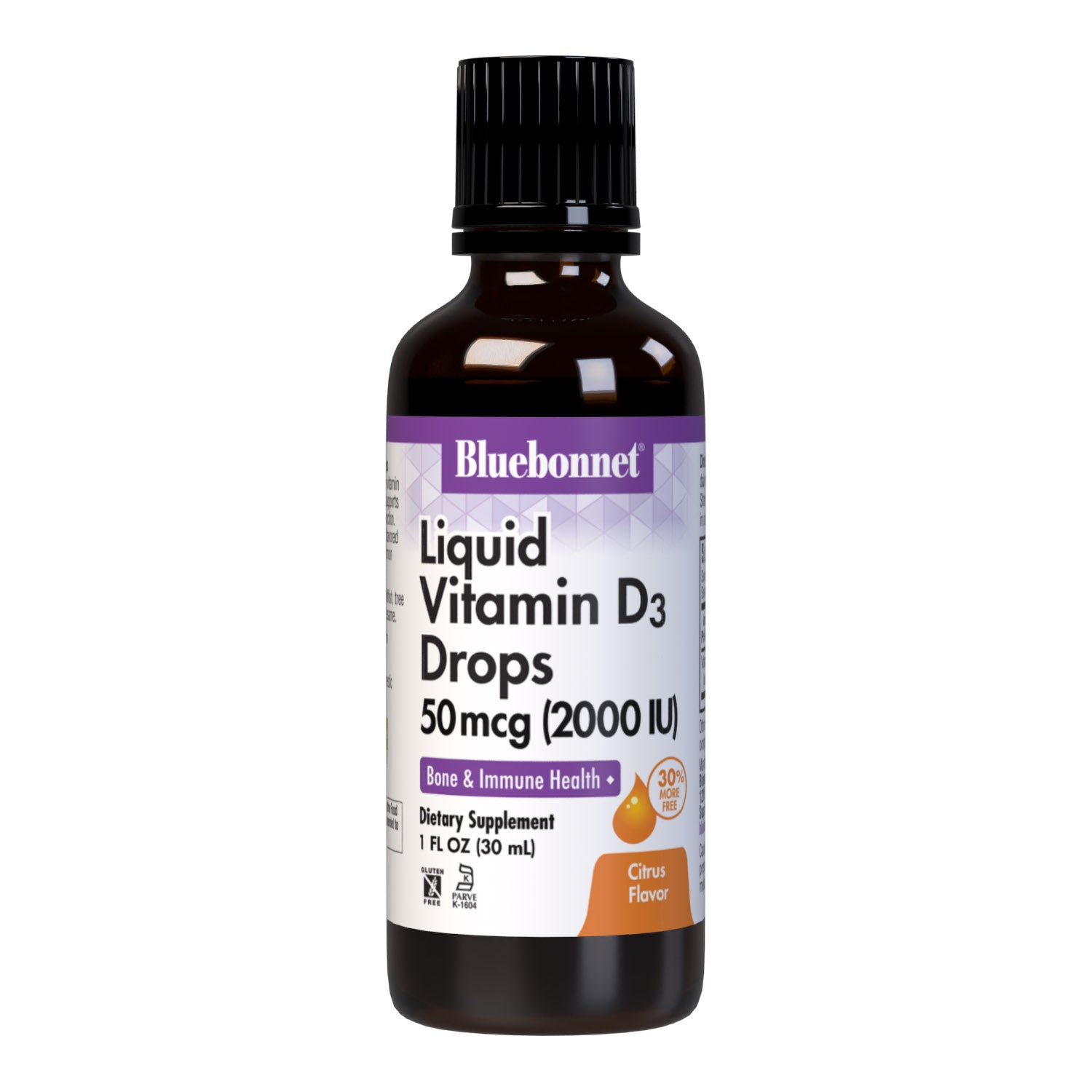 Bluebonnet’s Liquid Vitamin D3 Drops 2000 IU (50 mcg) are formulated with vitamin D3 (cholecalciferol) from lanolin for strong healthy bones. Each drop of this sunshine vitamin is flavored using a hint of orange and lemon essential oils. #size_1 fl oz