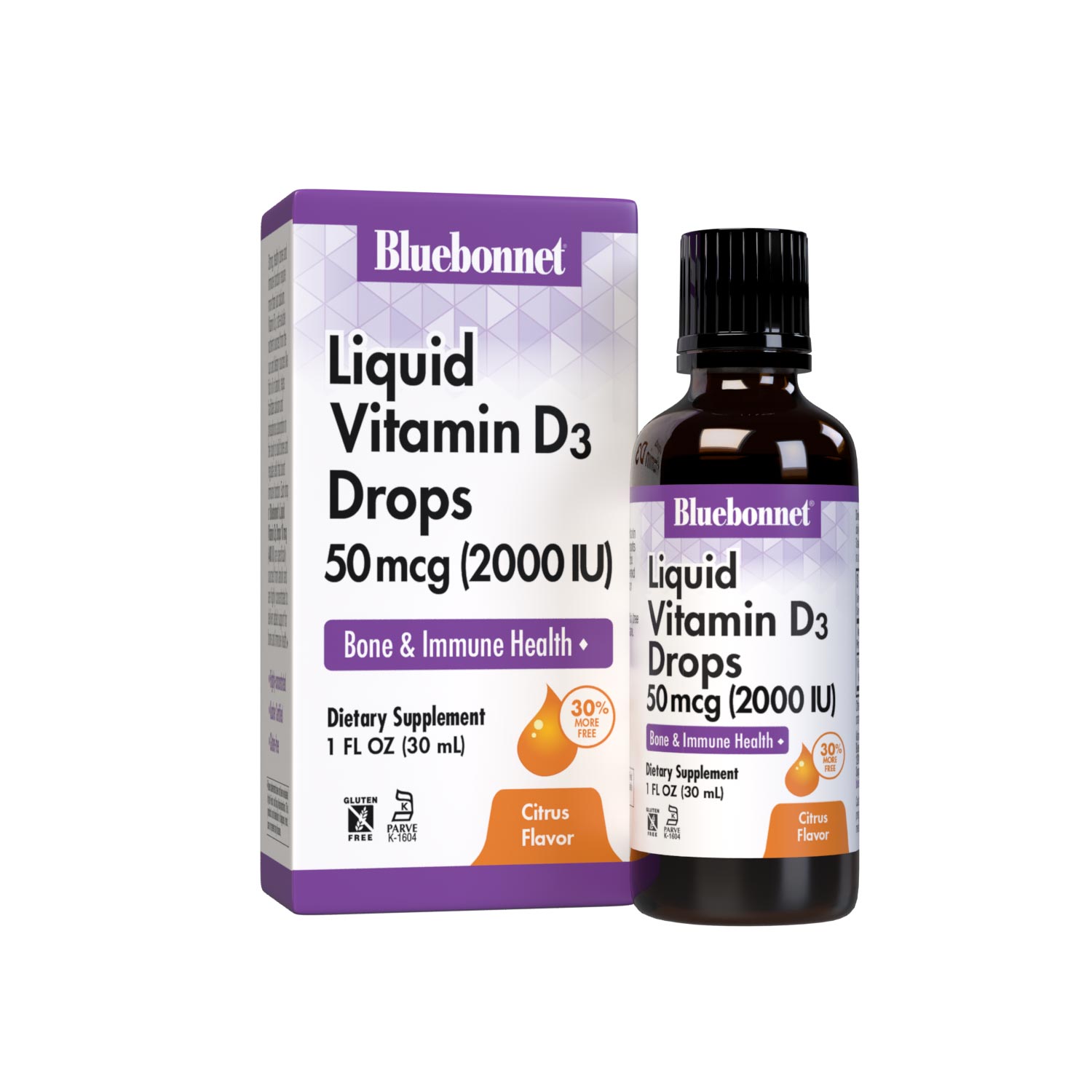 Bluebonnet’s Liquid Vitamin D3 Drops 2000 IU (50 mcg) are formulated with vitamin D3 (cholecalciferol) from lanolin for strong healthy bones. Each drop of this sunshine vitamin is flavored using a hint of orange and lemon essential oils. bottle with box #size_1 fl oz