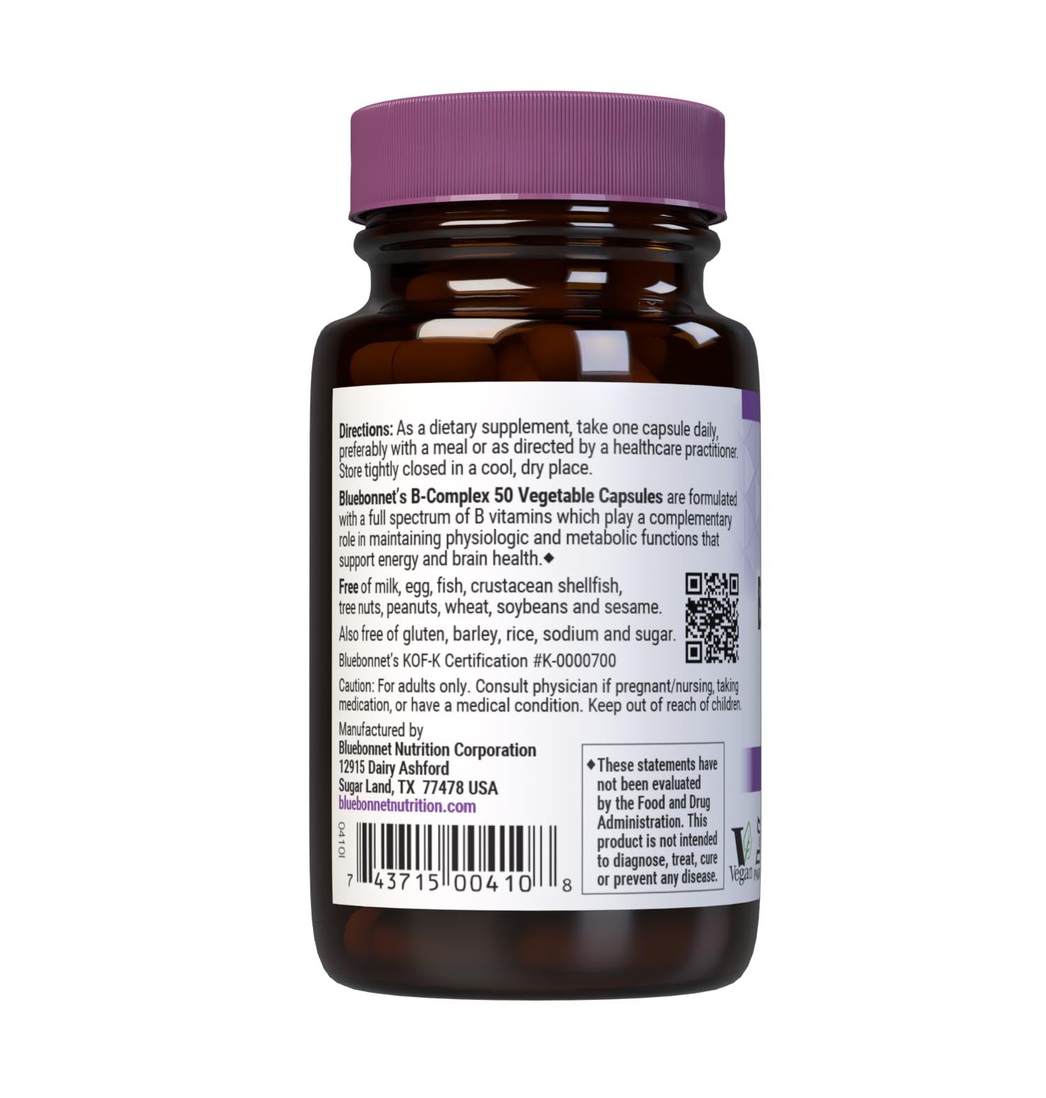 Bluebonnet’s B-Complex 50 Vegetable Capsules are formulated with a full spectrum of B vitamins which play a complementary role in maintaining physiologic and metabolic functions that support energy production and nervous system health. Description panel. #size_50 count