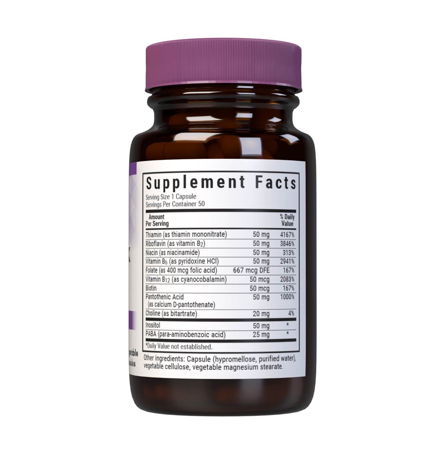 Bluebonnet’s B-Complex 50 Vegetable Capsules are formulated with a full spectrum of B vitamins which play a complementary role in maintaining physiologic and metabolic functions that support energy production and nervous system health. Supplement facts panel. #size_50 count