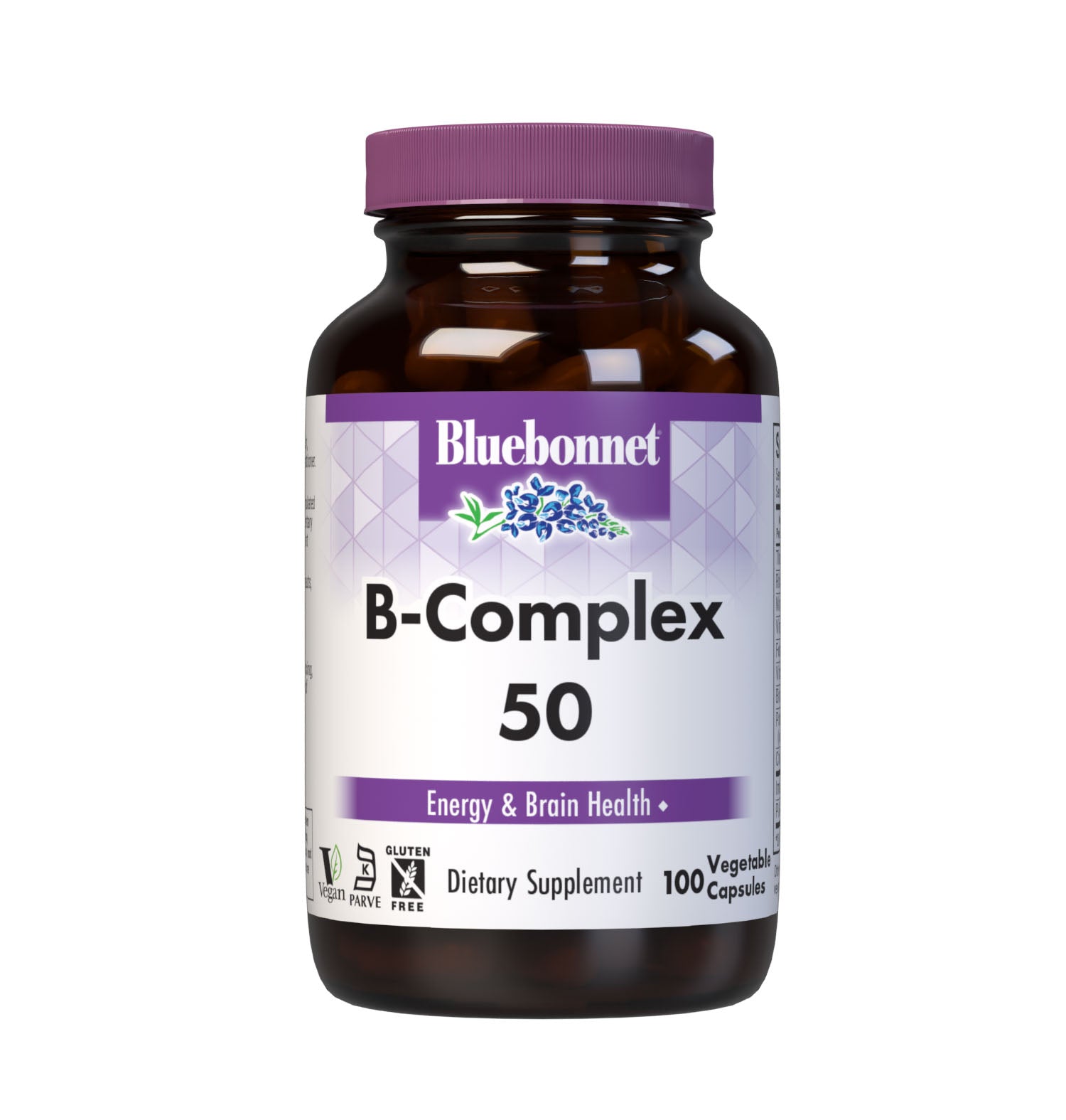 Bluebonnet’s B-Complex 50 Vegetable Capsules are formulated with a full spectrum of B vitamins which play a complementary role in maintaining physiologic and metabolic functions that support energy production and nervous system health.  #size_100 count