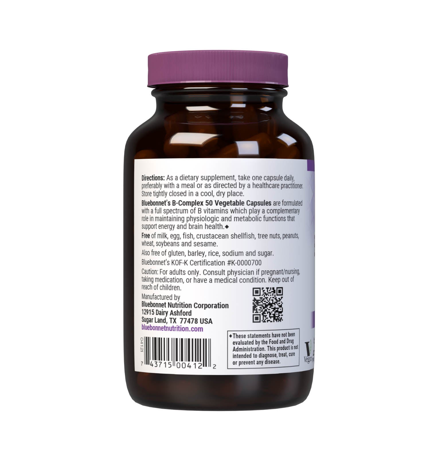 Bluebonnet’s B-Complex 50 Vegetable Capsules are formulated with a full spectrum of B vitamins which play a complementary role in maintaining physiologic and metabolic functions that support energy production and nervous system health. Description panel. #size_100 count