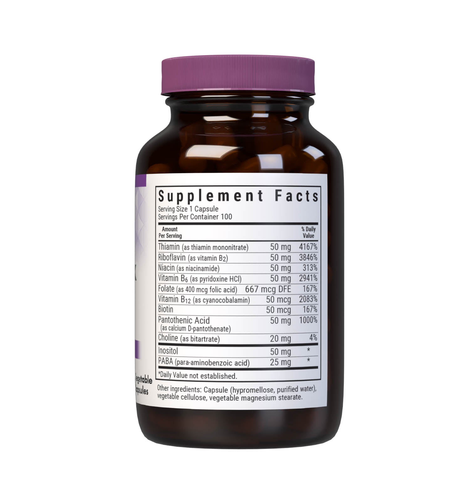 Bluebonnet’s B-Complex 50 Vegetable Capsules are formulated with a full spectrum of B vitamins which play a complementary role in maintaining physiologic and metabolic functions that support energy production and nervous system health. Supplement facts panel. #size_100 count