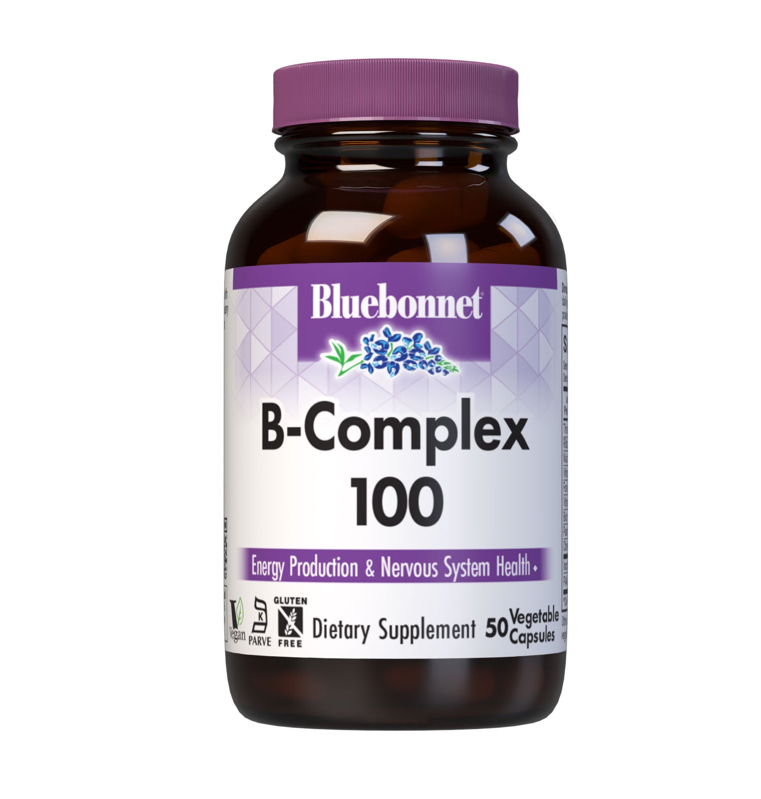 Bluebonnet’s B-Complex 100 Vegetable Capsules are formulated with a full spectrum of high potency B vitamins which play a complementary role in maintaining physiologic and metabolic functions that support energy production and nervous system health. #size_50 count