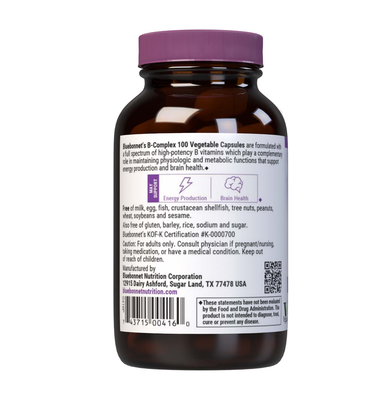 Bluebonnet’s B-Complex 100 Vegetable Capsules are formulated with a full spectrum of high potency B vitamins which play a complementary role in maintaining physiologic and metabolic functions that support energy production and nervous system health. Description panel. #size_50 count