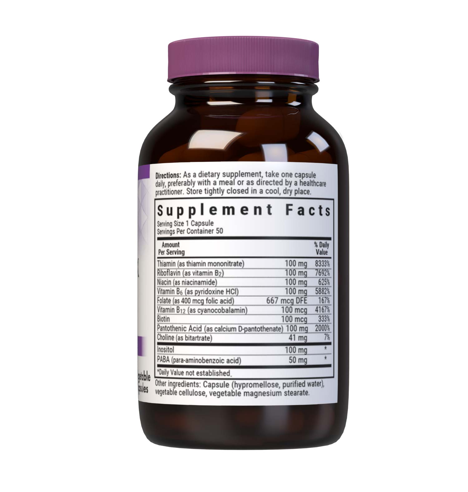 Bluebonnet’s B-Complex 100 Vegetable Capsules are formulated with a full spectrum of high potency B vitamins which play a complementary role in maintaining physiologic and metabolic functions that support energy production and nervous system health. Supplement facts panel. #size_50 count