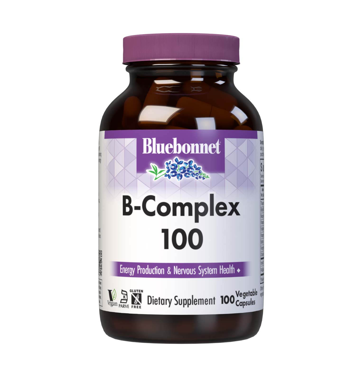 Bluebonnet’s B-Complex 100 Vegetable Capsules are formulated with a full spectrum of high potency B vitamins which play a complementary role in maintaining physiologic and metabolic functions that support energy production and nervous system health. #size_100 count