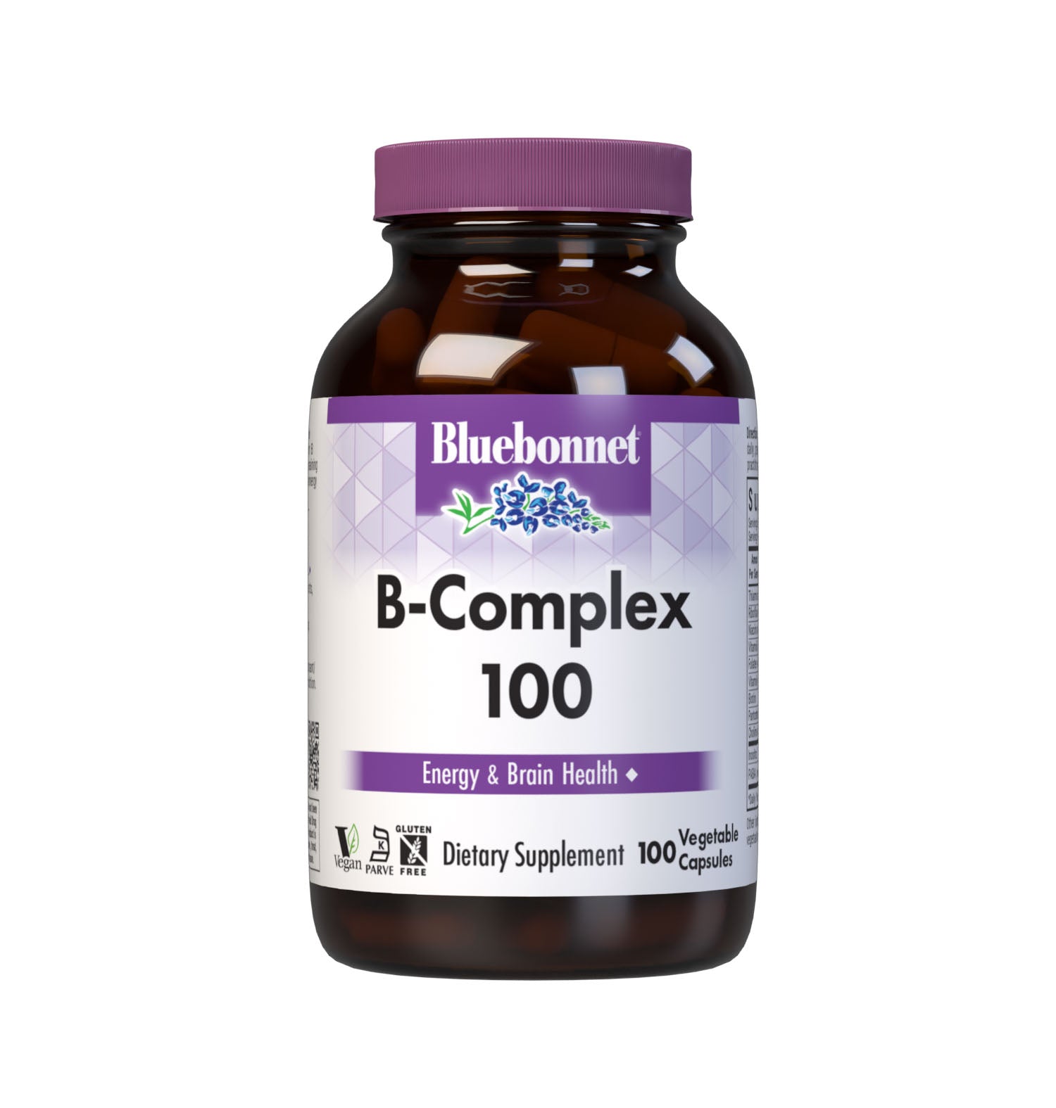 Bluebonnet’s B-Complex 100 Vegetable Capsules are formulated with a full spectrum of high potency B vitamins which play a complementary role in maintaining physiologic and metabolic functions that support energy production and nervous system health. #size_100 count