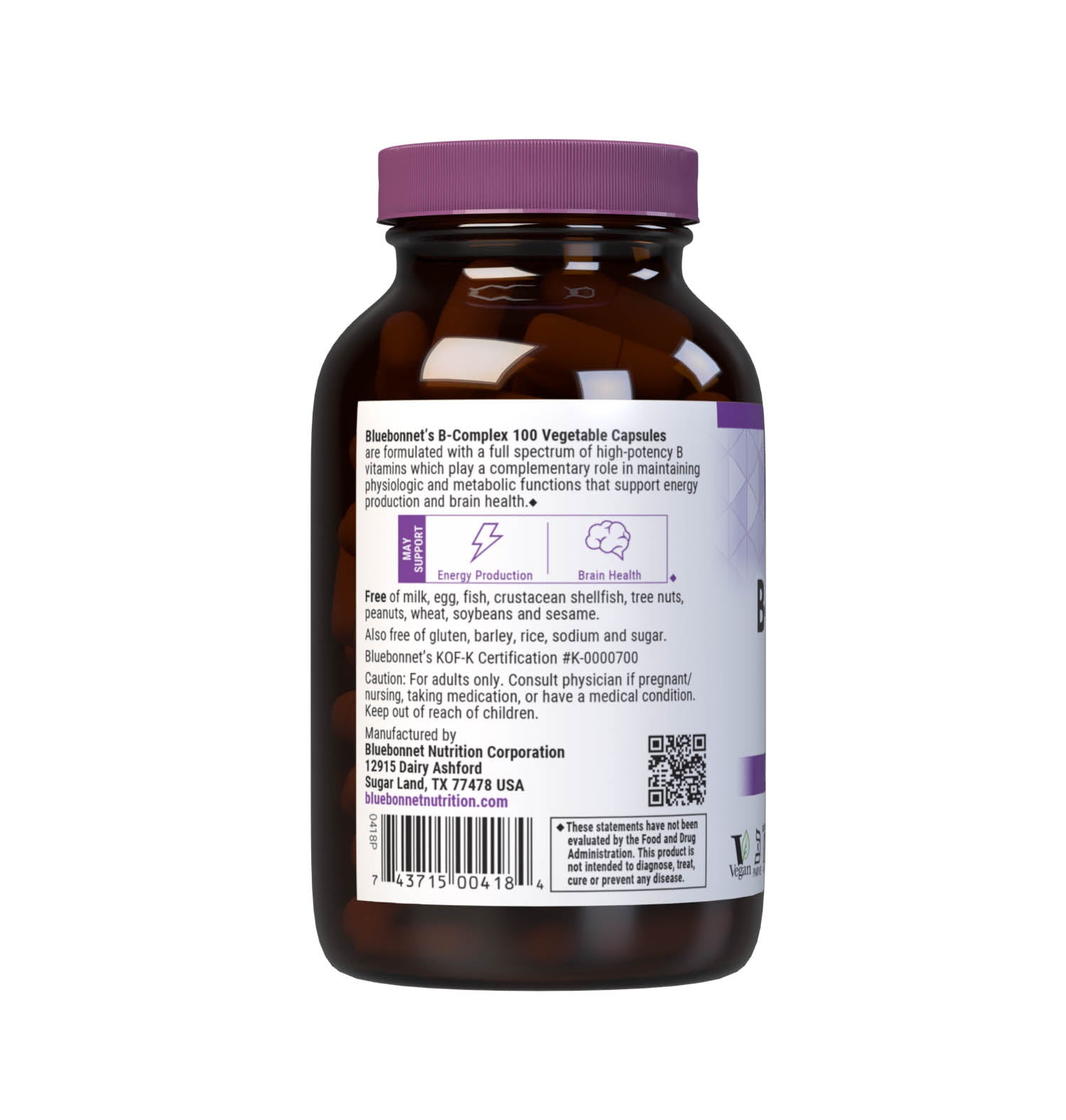 Bluebonnet’s B-Complex 100 Vegetable Capsules are formulated with a full spectrum of high potency B vitamins which play a complementary role in maintaining physiologic and metabolic functions that support energy production and nervous system health. Description panel. #size_100 count