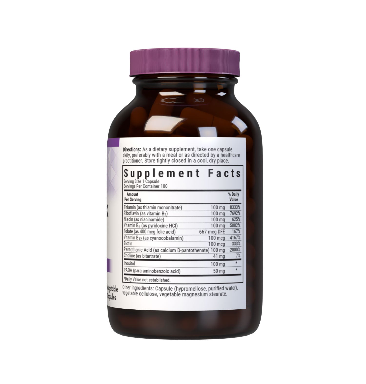 Bluebonnet’s B-Complex 100 Vegetable Capsules are formulated with a full spectrum of high potency B vitamins which play a complementary role in maintaining physiologic and metabolic functions that support energy production and nervous system health. Supplement facts panel. #size_100 count