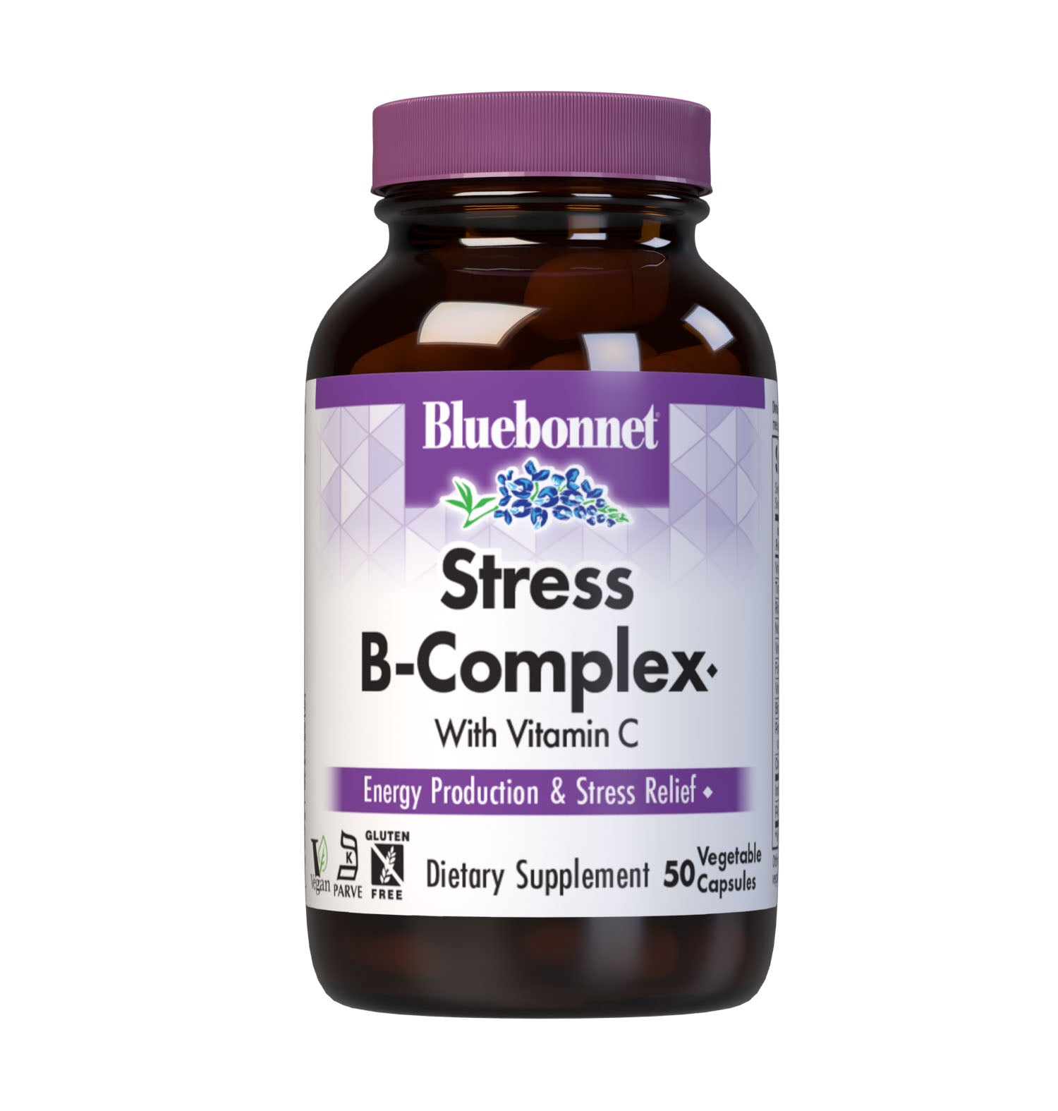 Bluebonnet’s Stress B-Complex Vegetable Capsules are formulated with a full spectrum of high potency B vitamins as well as vitamin C from L-ascorbic acid which play a complementary role in maintaining physiologic and metabolic functions that support energy production and nervous system health. #size_50 count