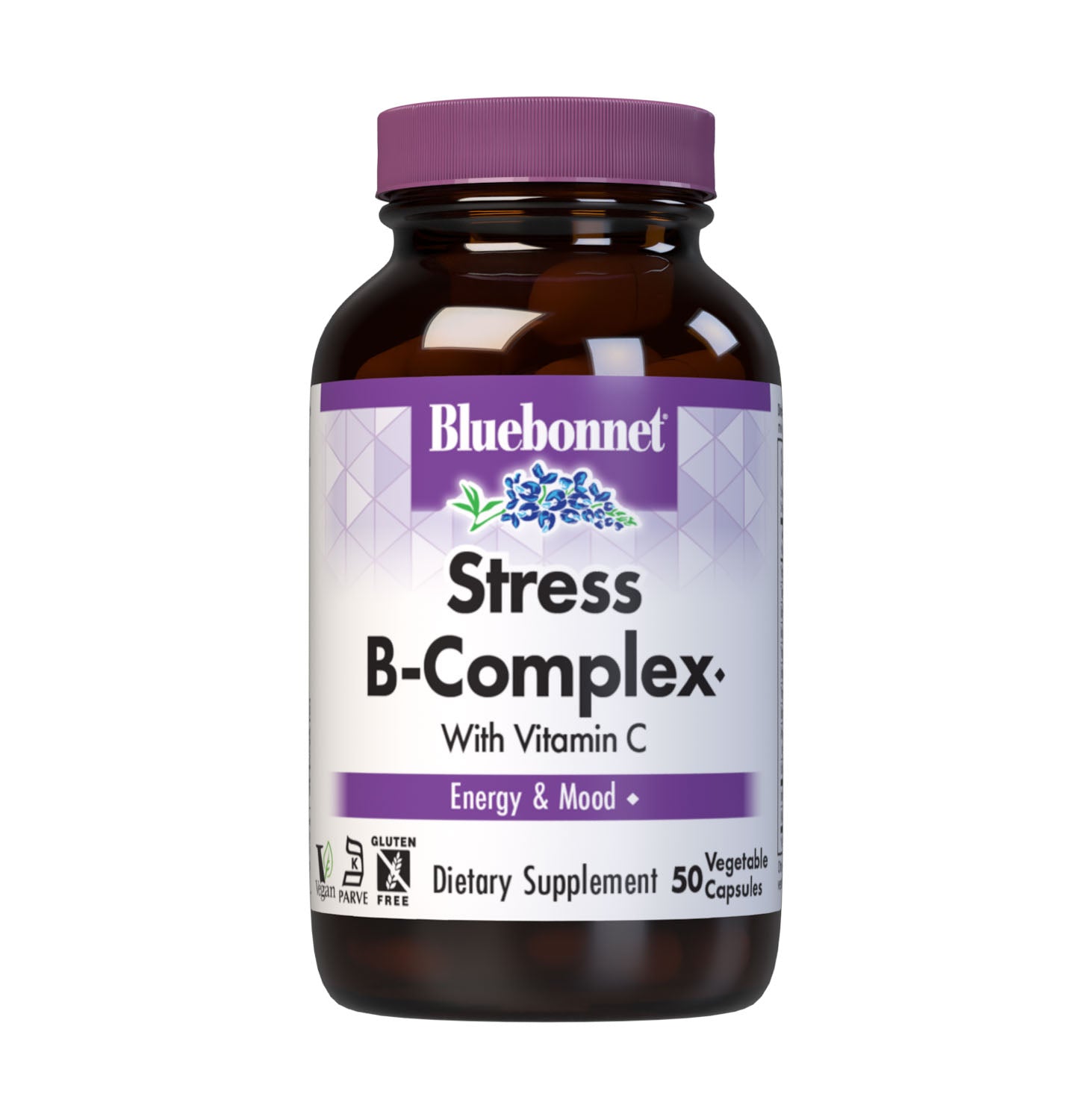 Bluebonnet’s Stress B-Complex Vegetable Capsules are formulated with a full spectrum of high potency B vitamins as well as vitamin C from L-ascorbic acid which play a complementary role in maintaining physiologic and metabolic functions that support energy production and nervous system health. #size_50 count