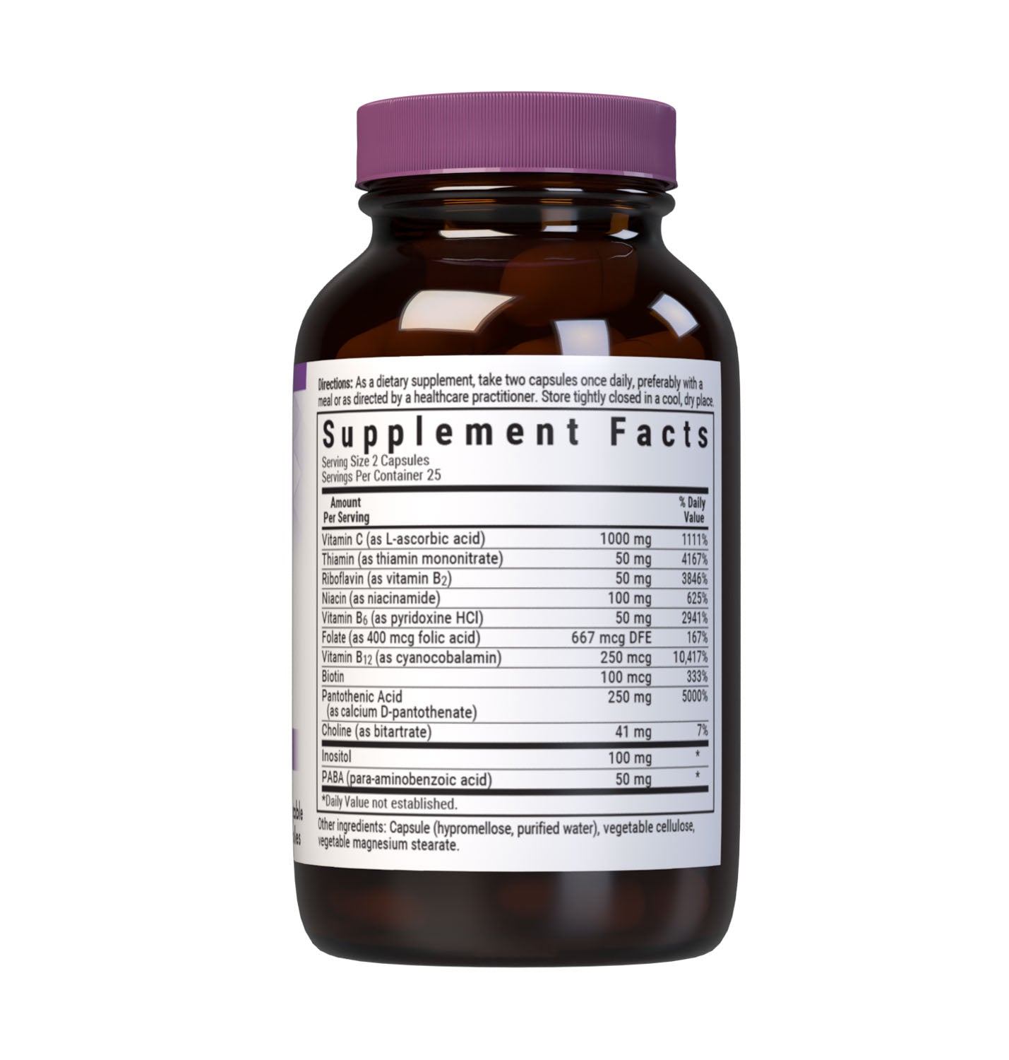 Bluebonnet’s Stress B-Complex Vegetable Capsules are formulated with a full spectrum of high potency B vitamins as well as vitamin C from L-ascorbic acid which play a complementary role in maintaining physiologic and metabolic functions that support energy production and nervous system health. Supplement side panel. #size_50 count