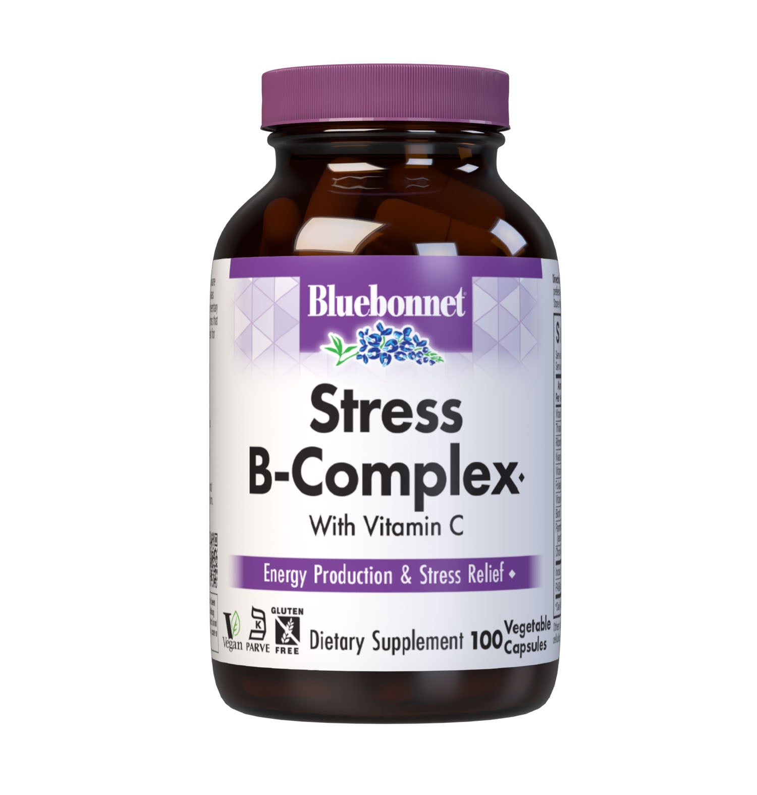 Bluebonnet’s Stress B-Complex Vegetable Capsules are formulated with a full spectrum of high potency B vitamins as well as vitamin C from L-ascorbic acid which play a complementary role in maintaining physiologic and metabolic functions that support energy production and nervous system health.  #size_100 count