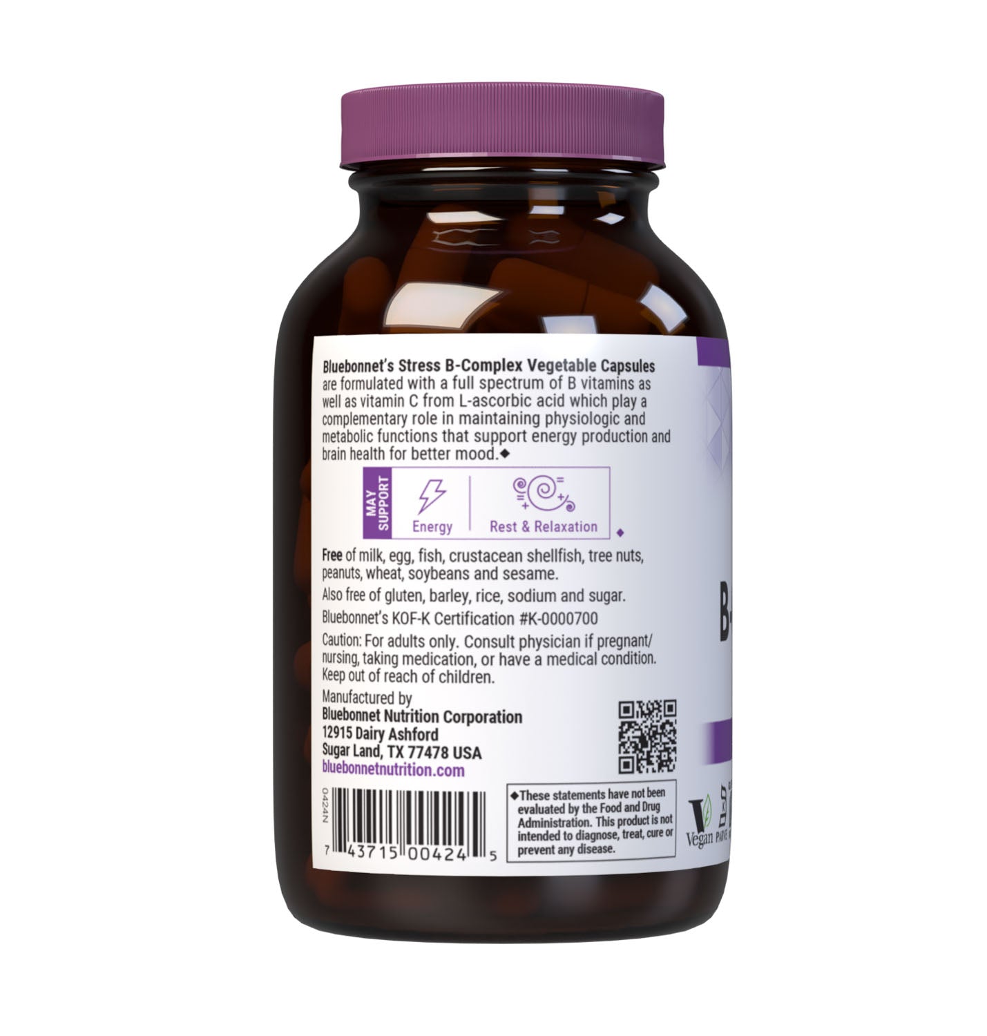 Bluebonnet’s Stress B-Complex Vegetable Capsules are formulated with a full spectrum of high potency B vitamins as well as vitamin C from L-ascorbic acid which play a complementary role in maintaining physiologic and metabolic functions that support energy production and nervous system health. Description panel. #size_100 count