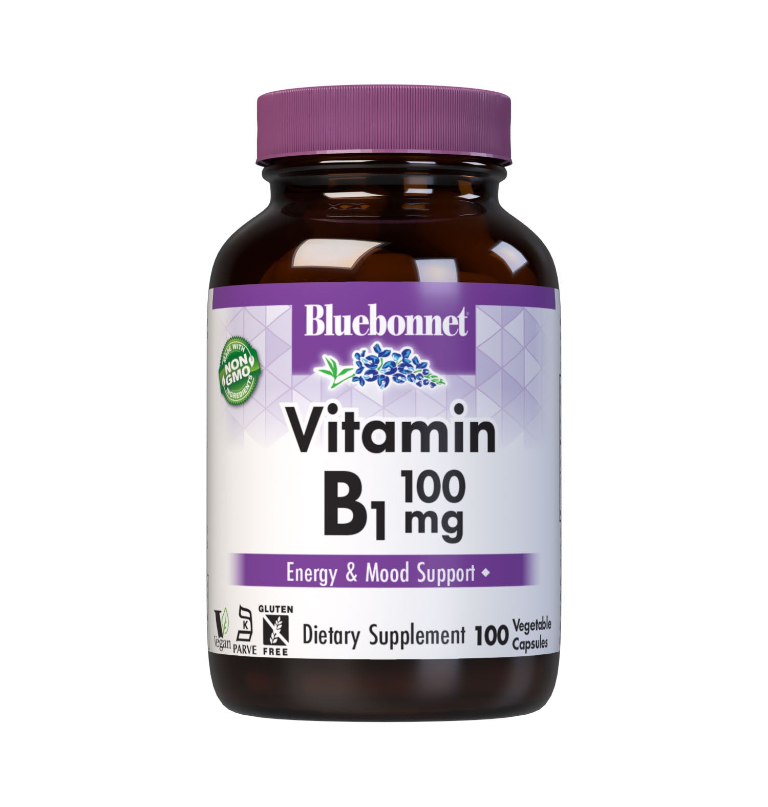 Bluebonnet’s Vitamin B1 100 mg Vegetable Capsules are formulated with crystalline vitamin B1 (thiamin HCI) which may support cellular energy production and mood health. #size_100 count