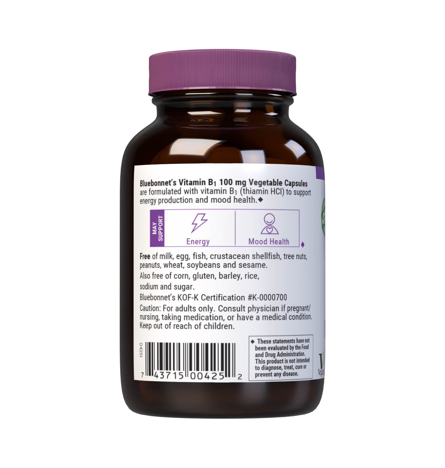 Bluebonnet’s Vitamin B1 100 mg Vegetable Capsules are formulated with crystalline vitamin B1 (thiamin HCI) which may support cellular energy production and mood health. Description panel. #size_100 count